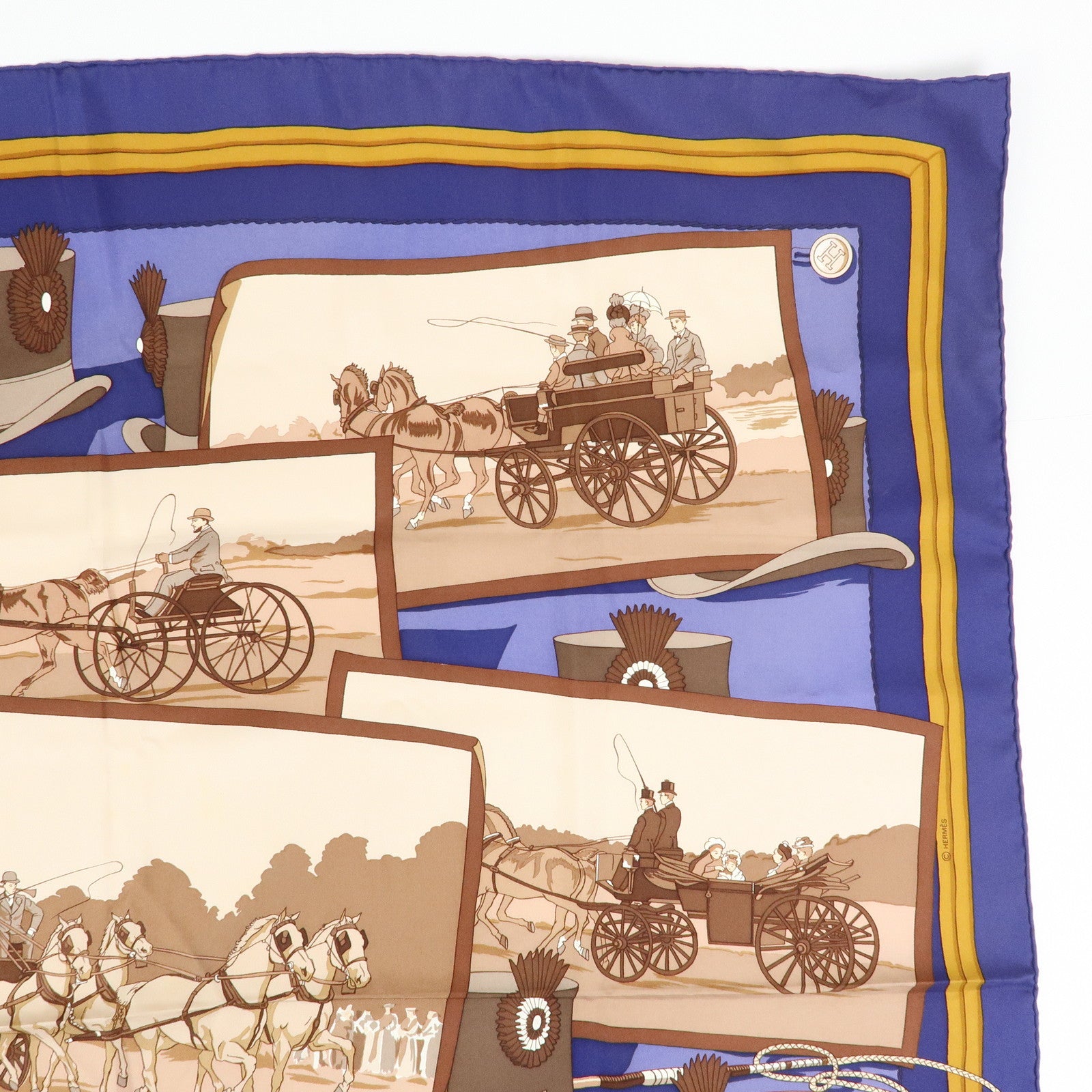 HERMES Carre 90 Set of 2 Silk 100% Scarf Navy Beige Brown