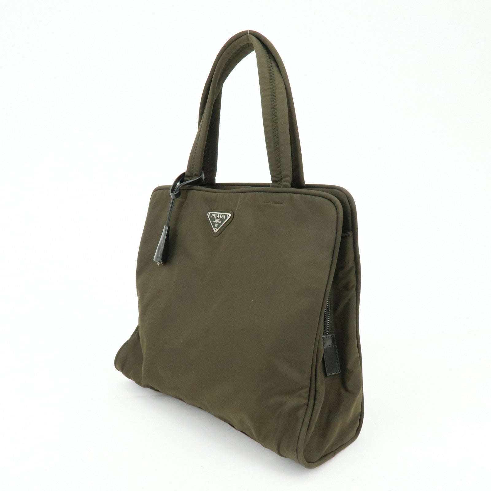 PRADA Triangle Logo Nylon Leather Tote Bag Hand Bag Khaki