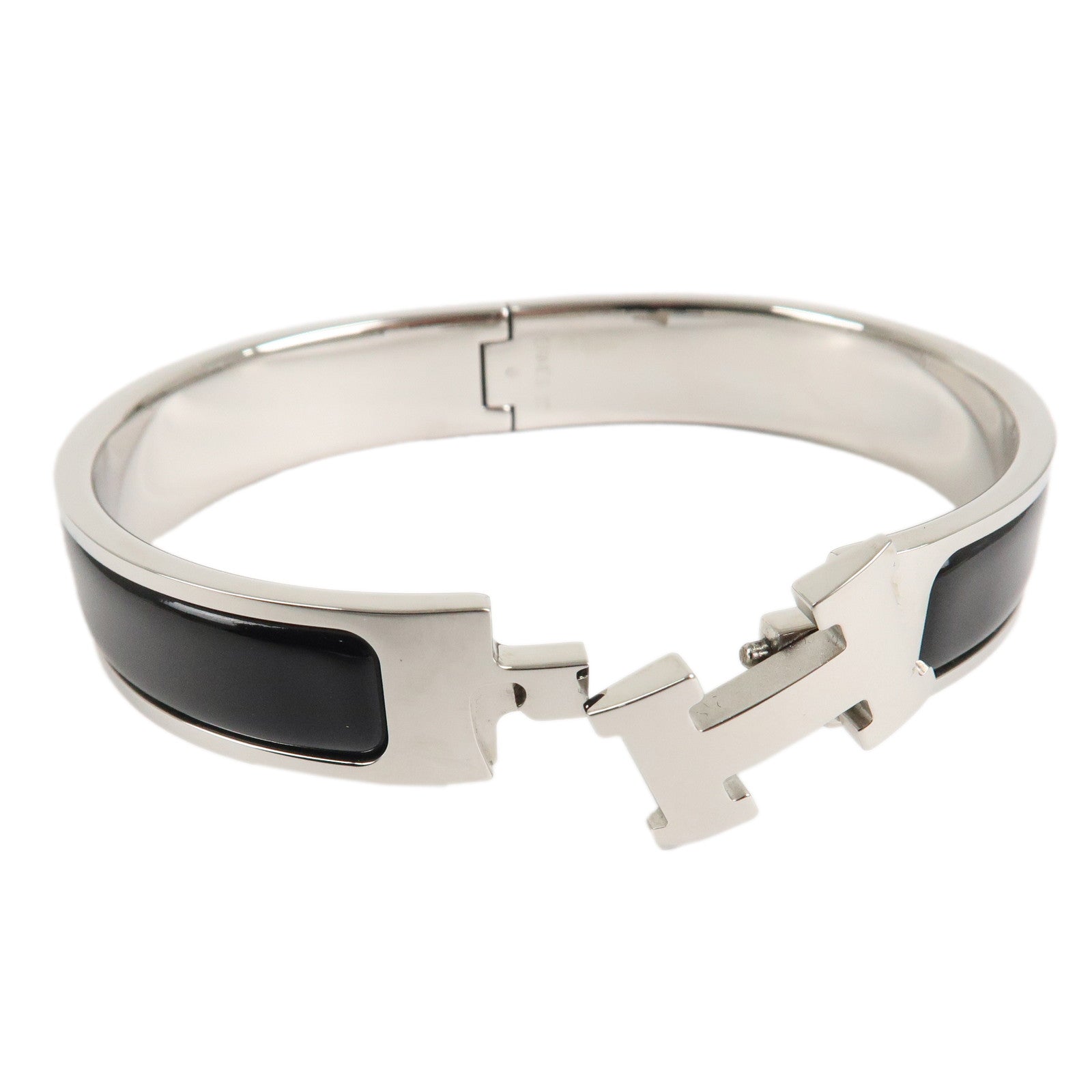 HERMES Clic Clac PM H Logo Bangle Bracelet Silver Black Used