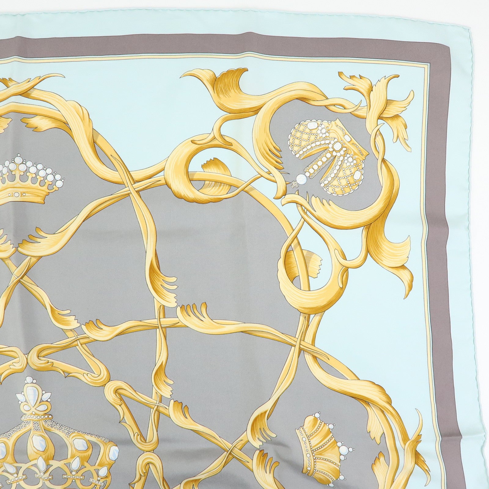 HERMES Carre 90 Silk 100% Scarf CROWN Sky Blue White