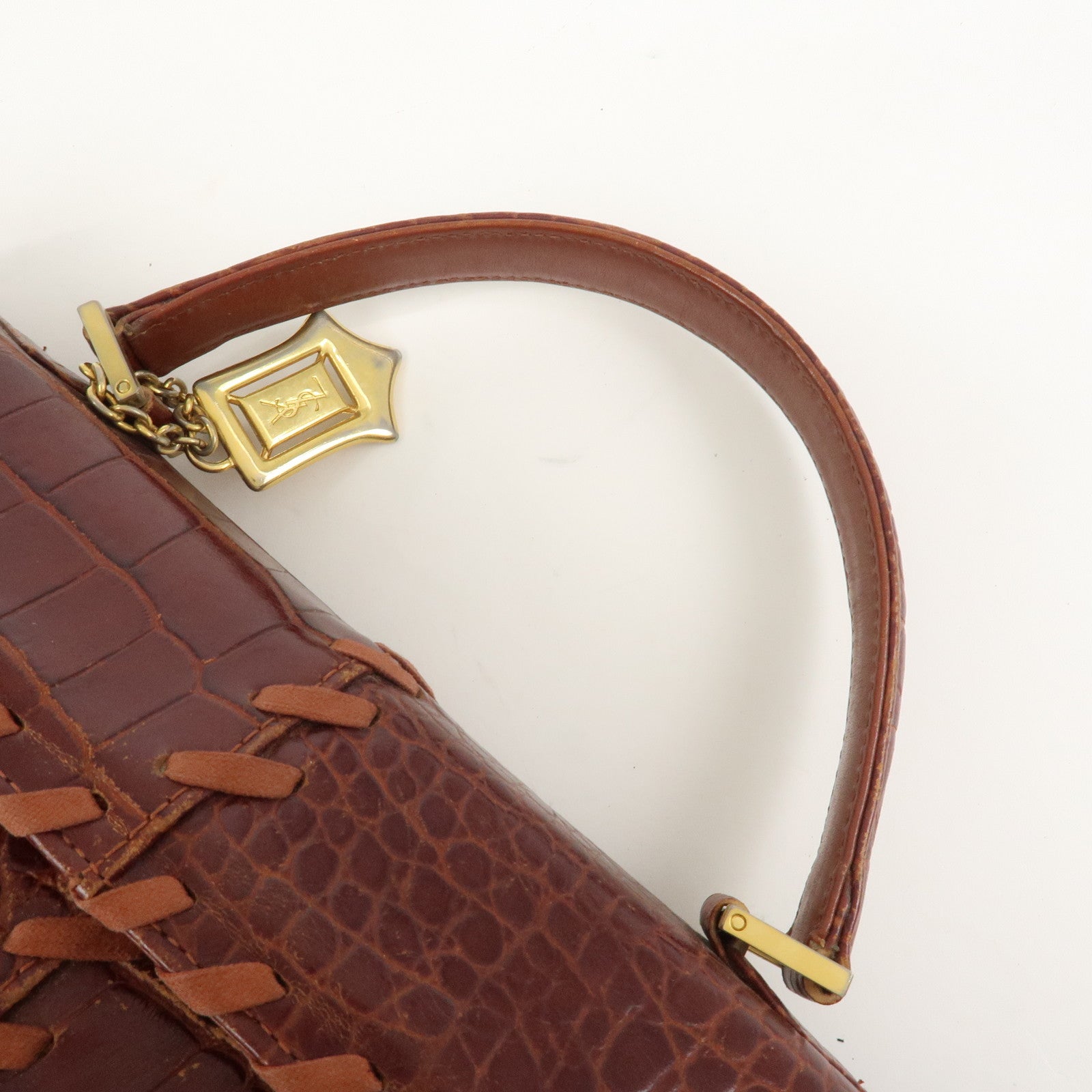 SAINT LAURENT PARIS Embossed Leather Hand Bag Red Brown