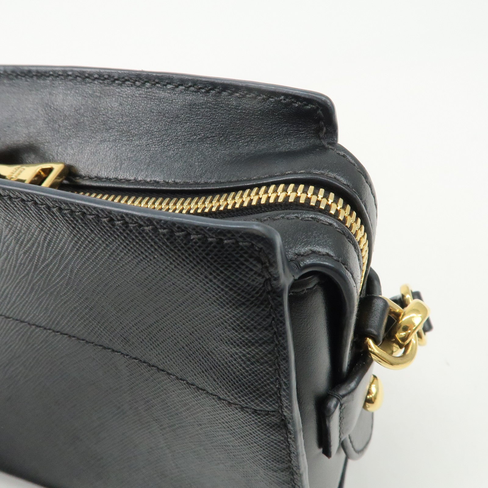 PRADA Logo Saffiano Leather Shoulder Bag Gold HDW Black