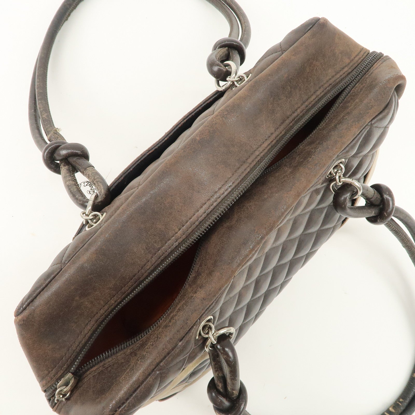 CHANEL Cambon Line Lamb Skin Bowling Bag Hand Bag Brown A25171 Used