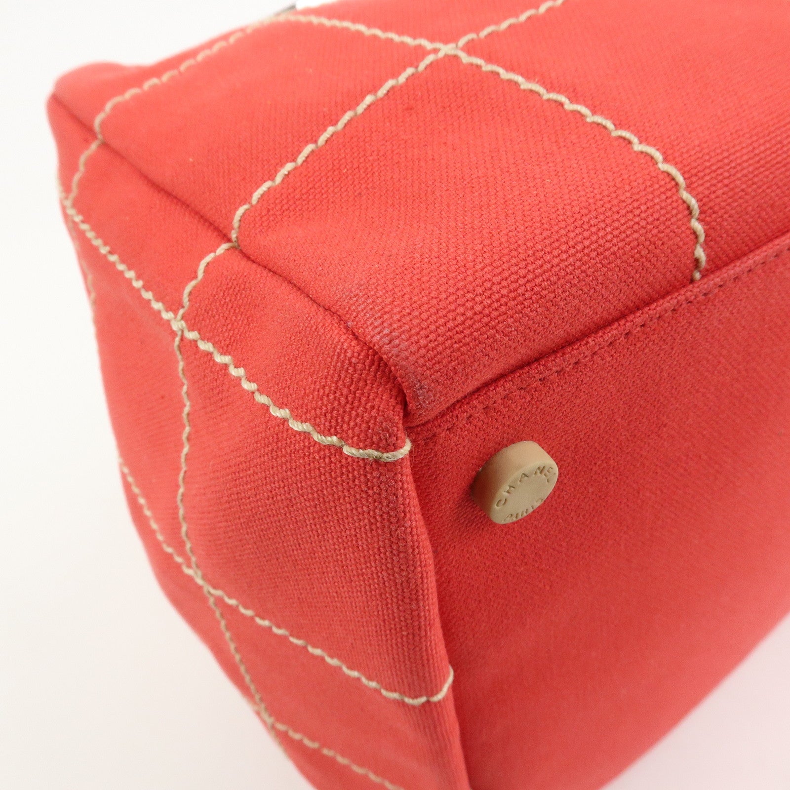 CHANEL Chocolate Bar COCO Mark Canvas Leather Hand Bag Red