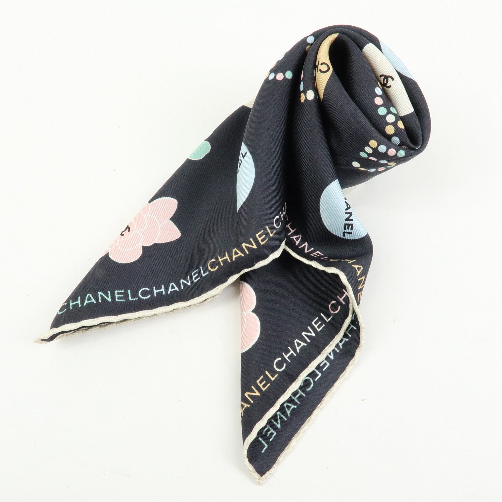 CHANEL No.5 Silk 100% Scarf Black Multicolor