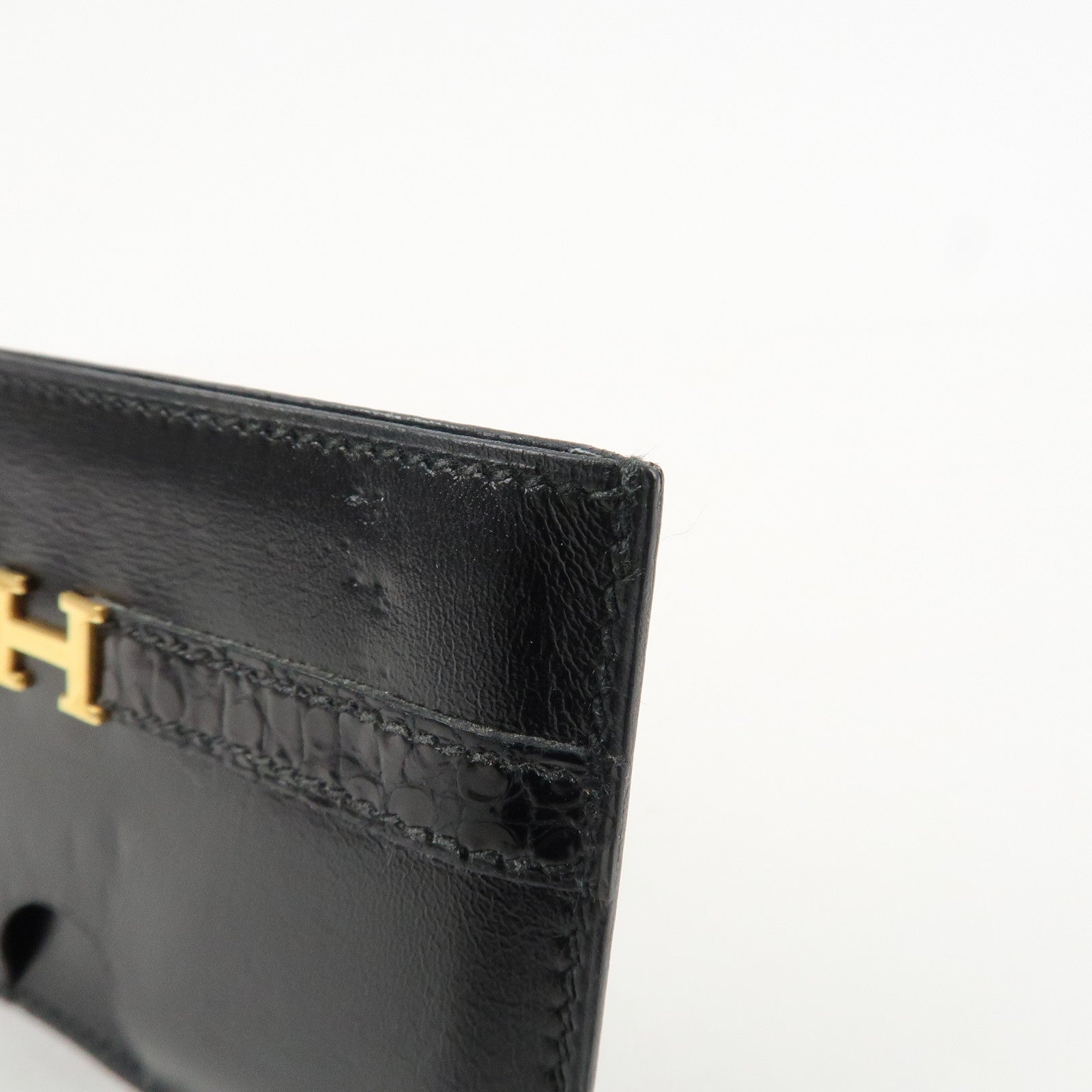 HERMES Leather □T Stamped Card Case Balck Gold Used