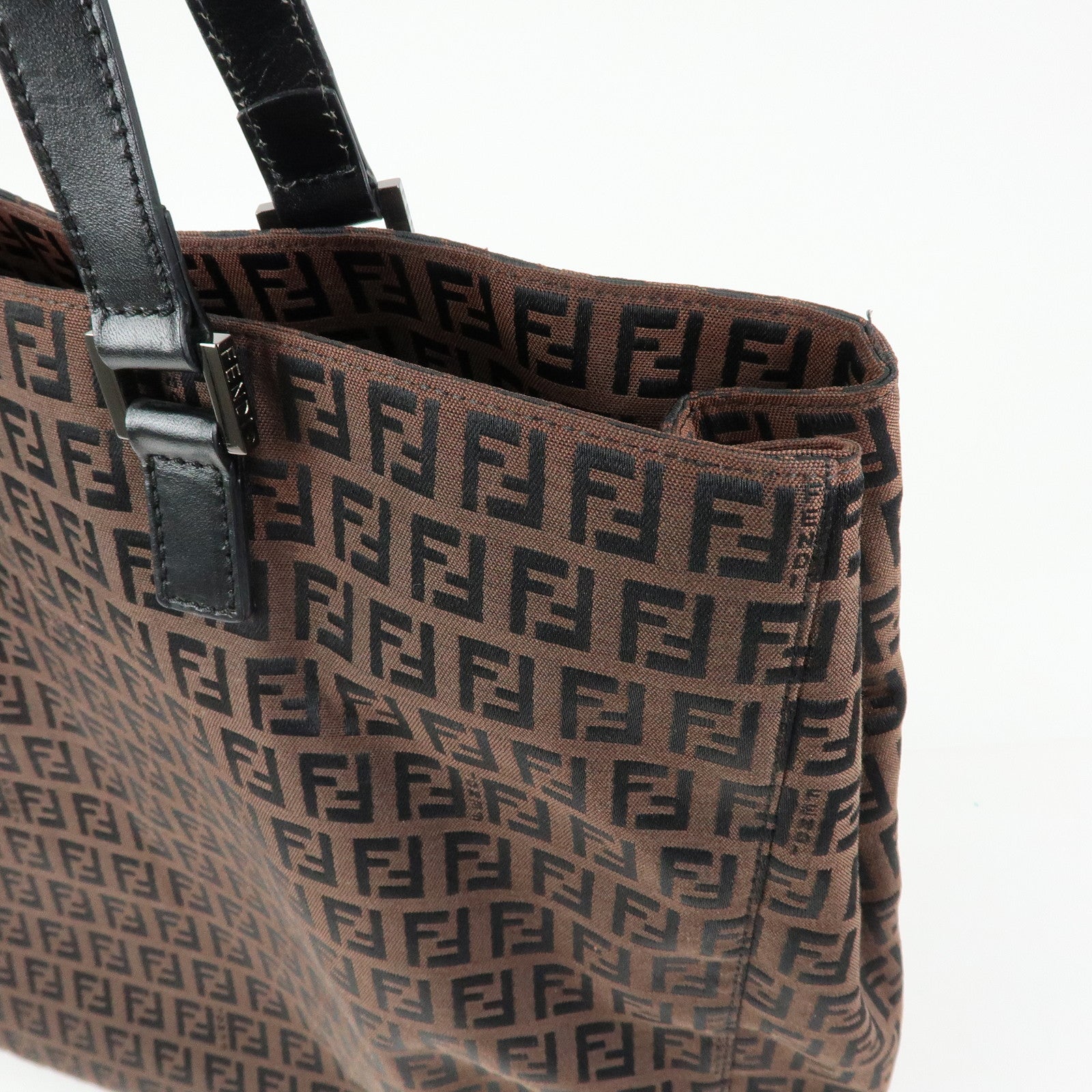 FENDI Zucchino Canvas Leather Tote Bag Hand Bag Brown Black