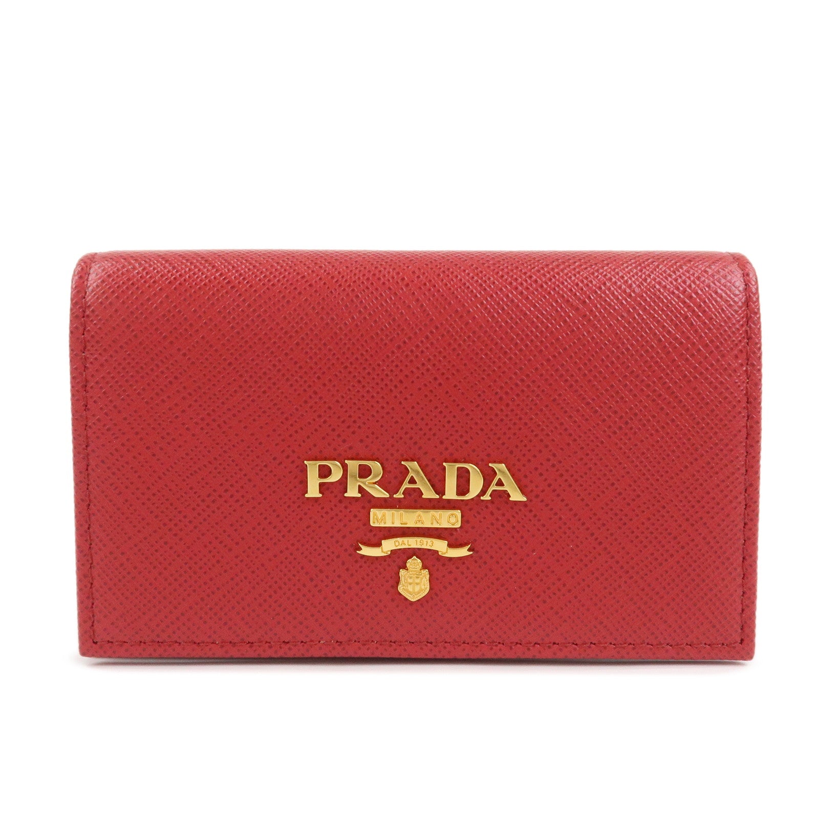 PRADA Logo Saffiano Leather Card Case Red Gold 1MC122