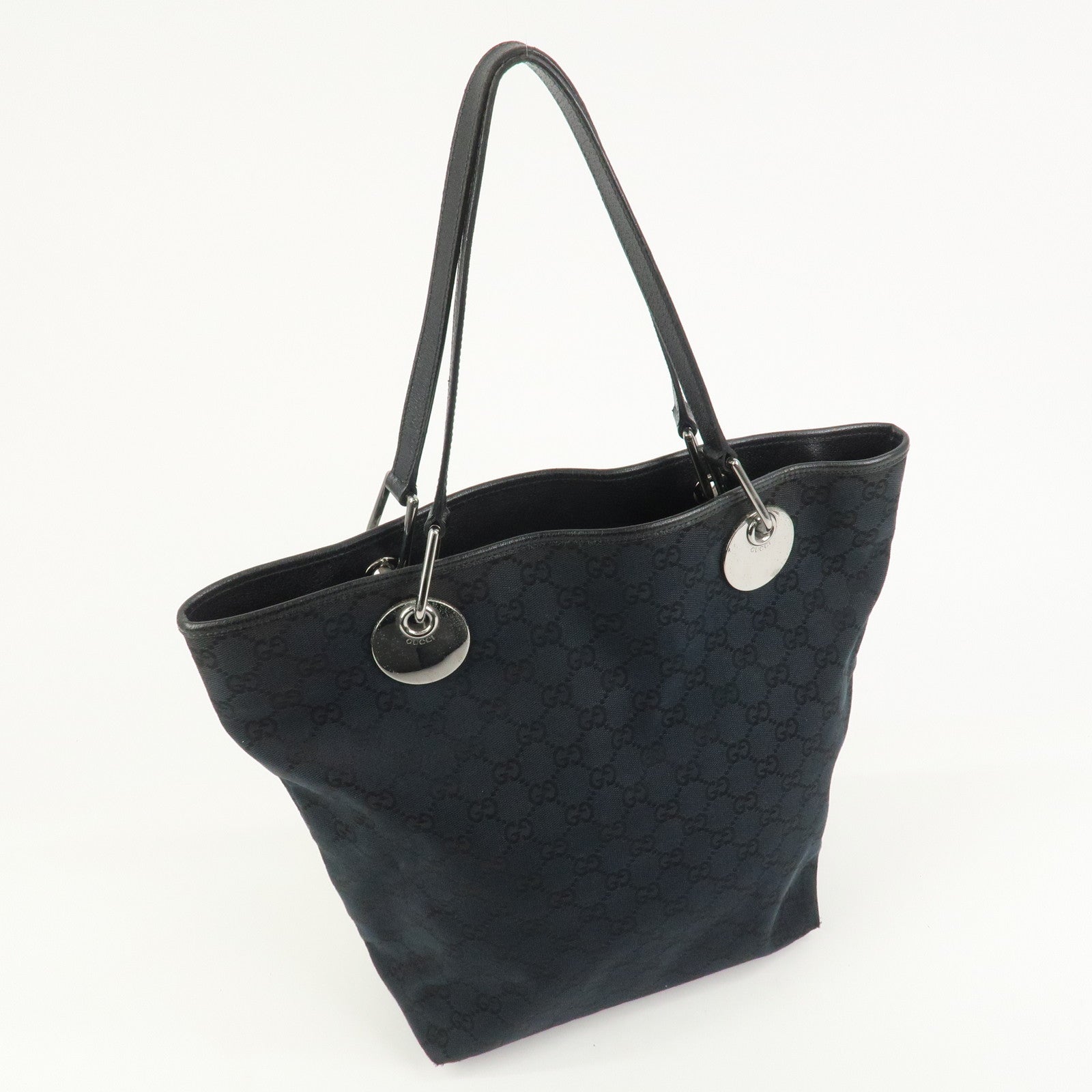 GUCCI GG Canvas Leather Tote Bag Shoulder Bag Hand Bag Black 120836