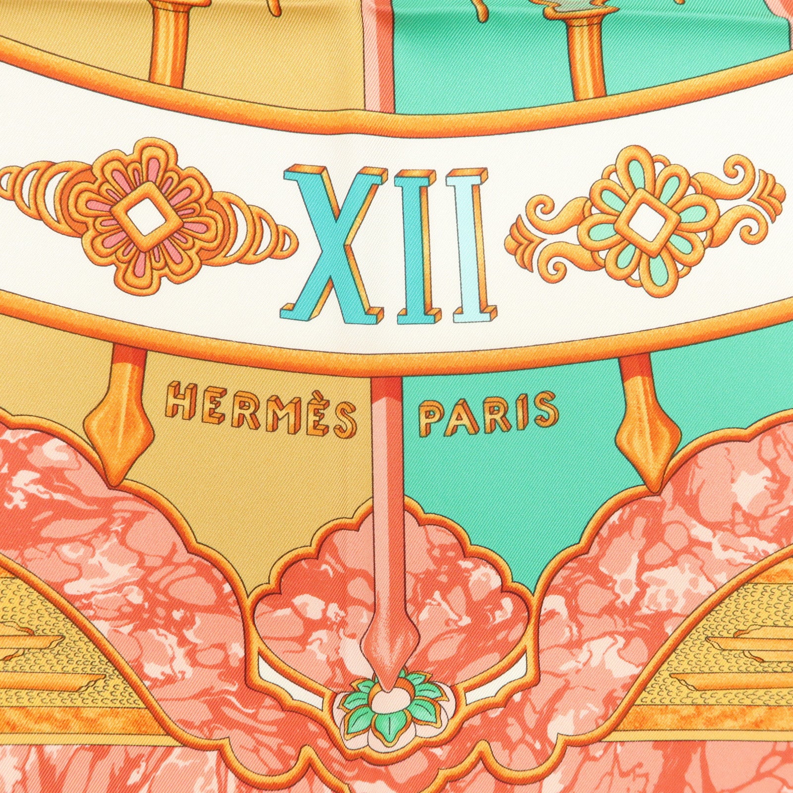 HERMES Carre 90 Silk 100% Scarf CARPE DIEM Pink White