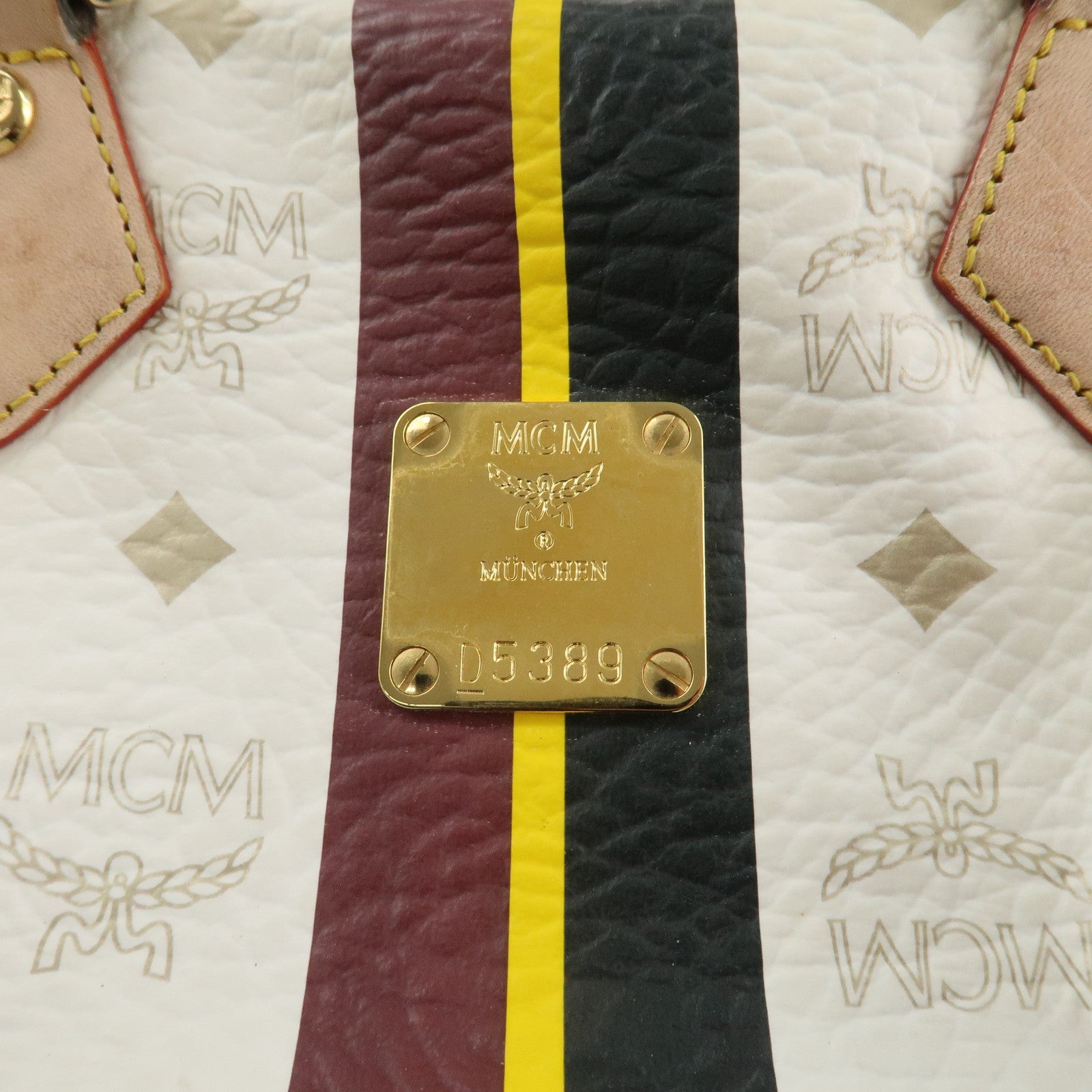 MCM Visetos Leather Boston Bag Hand Bag Beige White Used