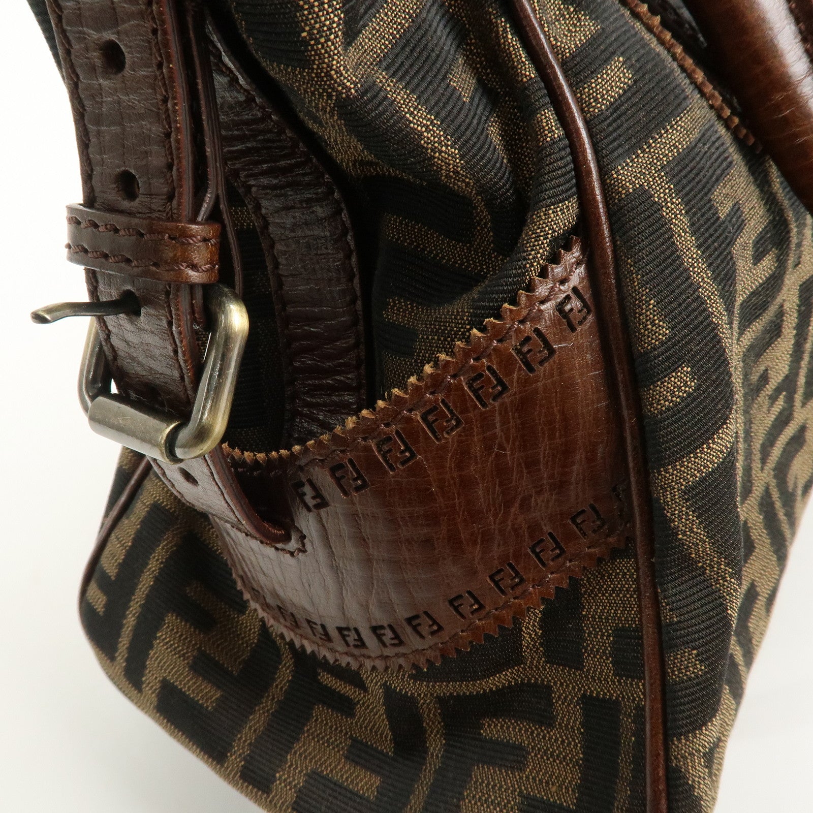 FENDI Ethnico Zucca Canvas Leather Shoulder Bag Brown 8BN157