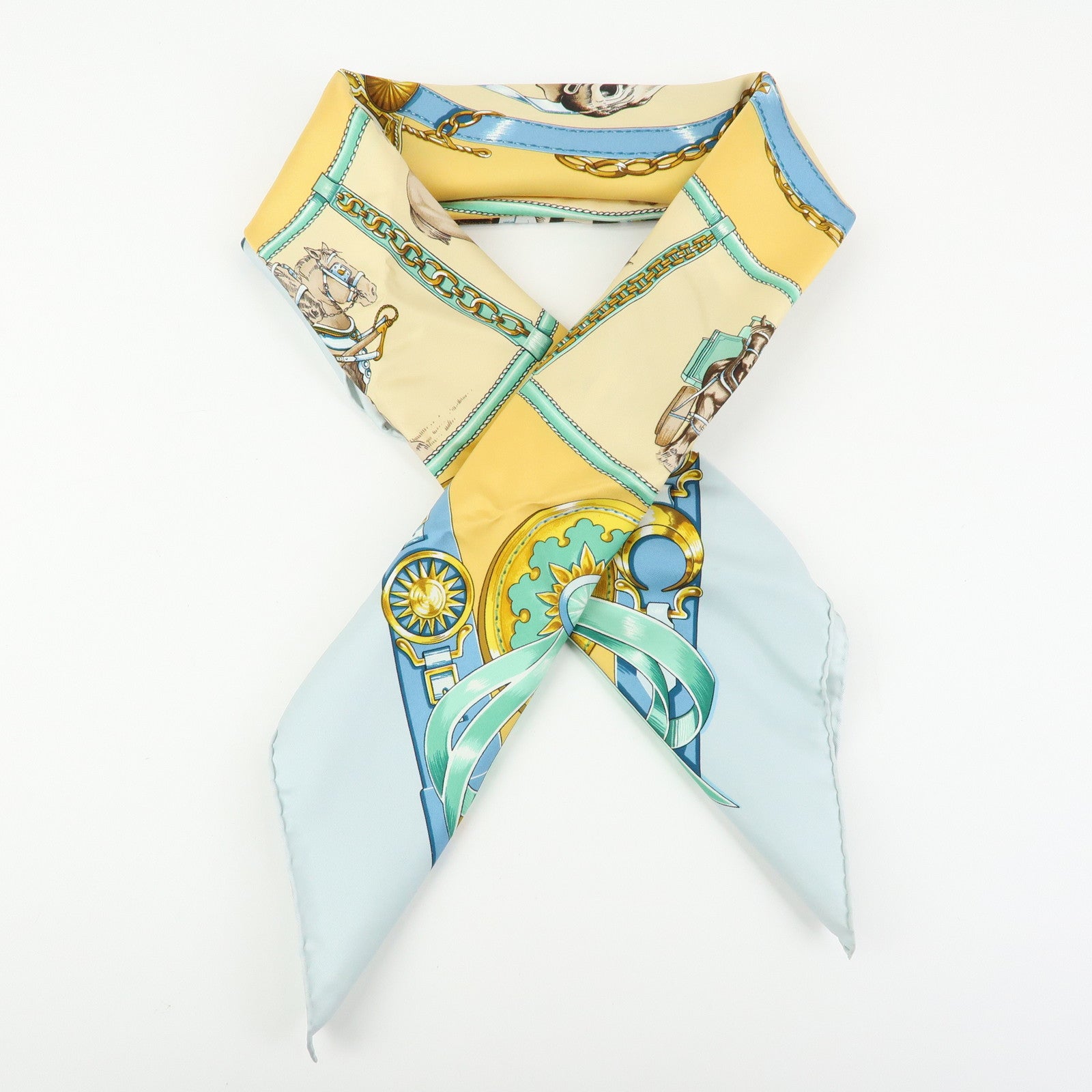 HERMES Carre 90 Silk 100% Scarf CHEVAUX DE TRAIT Light Blue Yellow