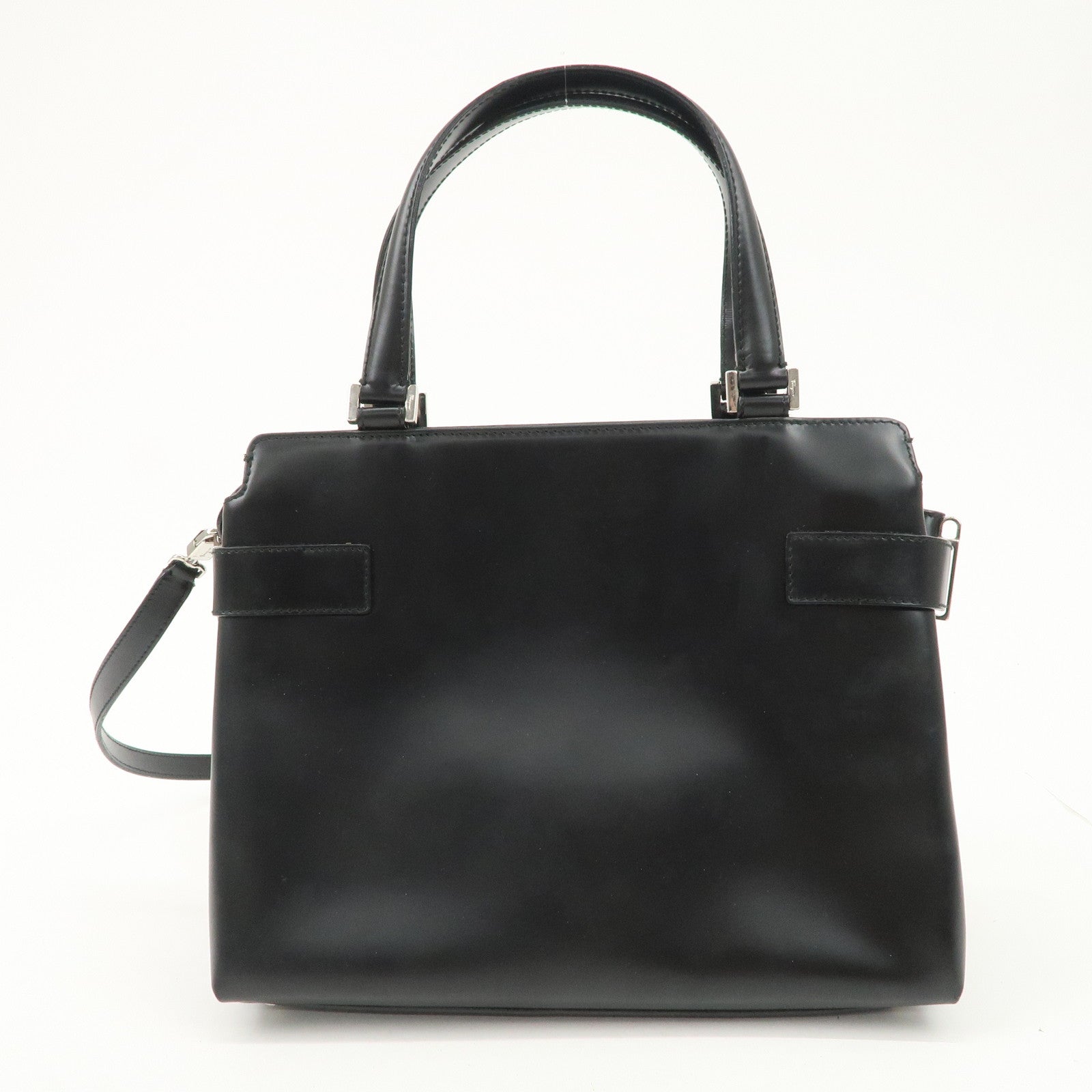 Ferragamo Gancini Leather 2Way Hand Bag Shoulder Bag Black Used
