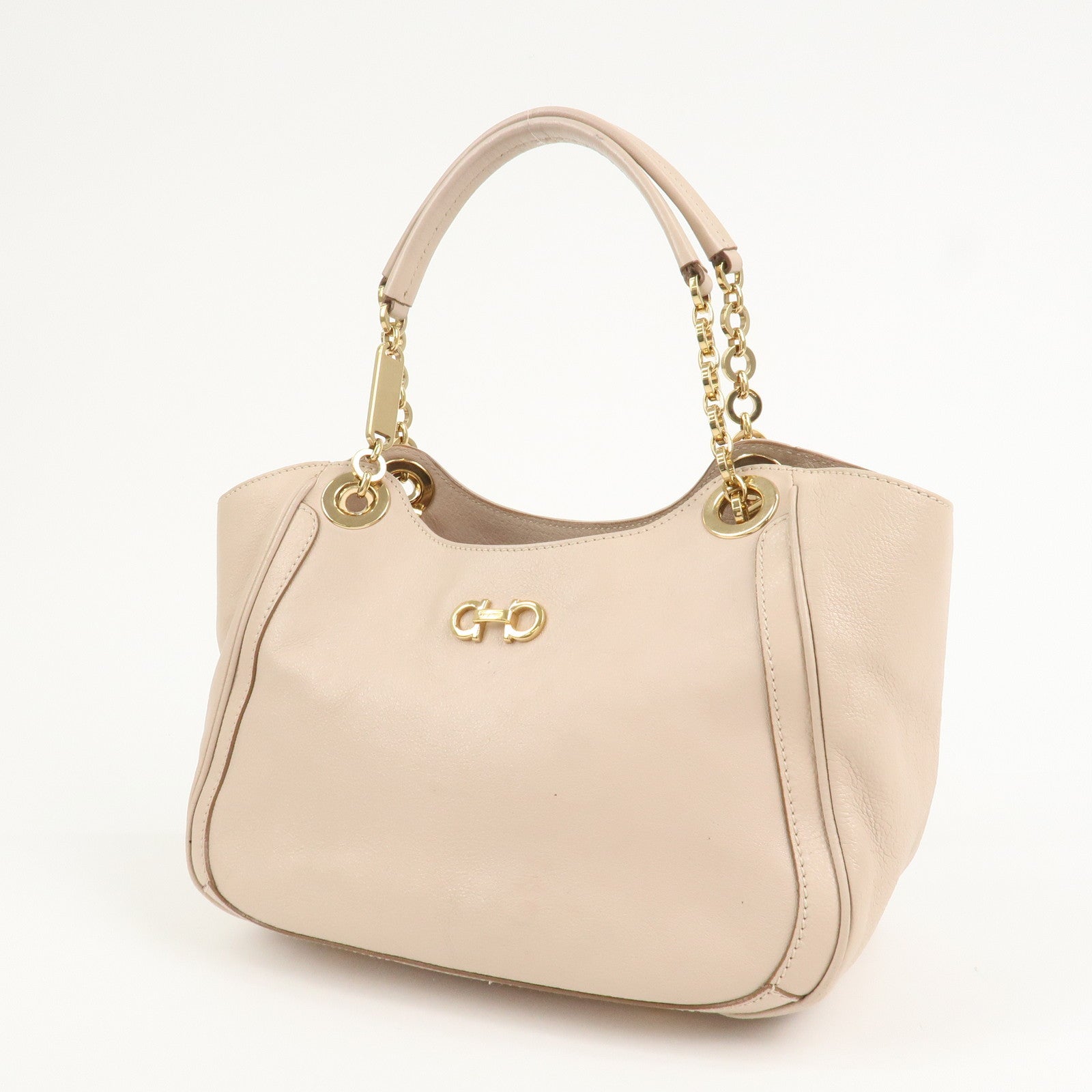 Ferragamo Leather Shoulder Bag Hand Bag Pink Beige Gold