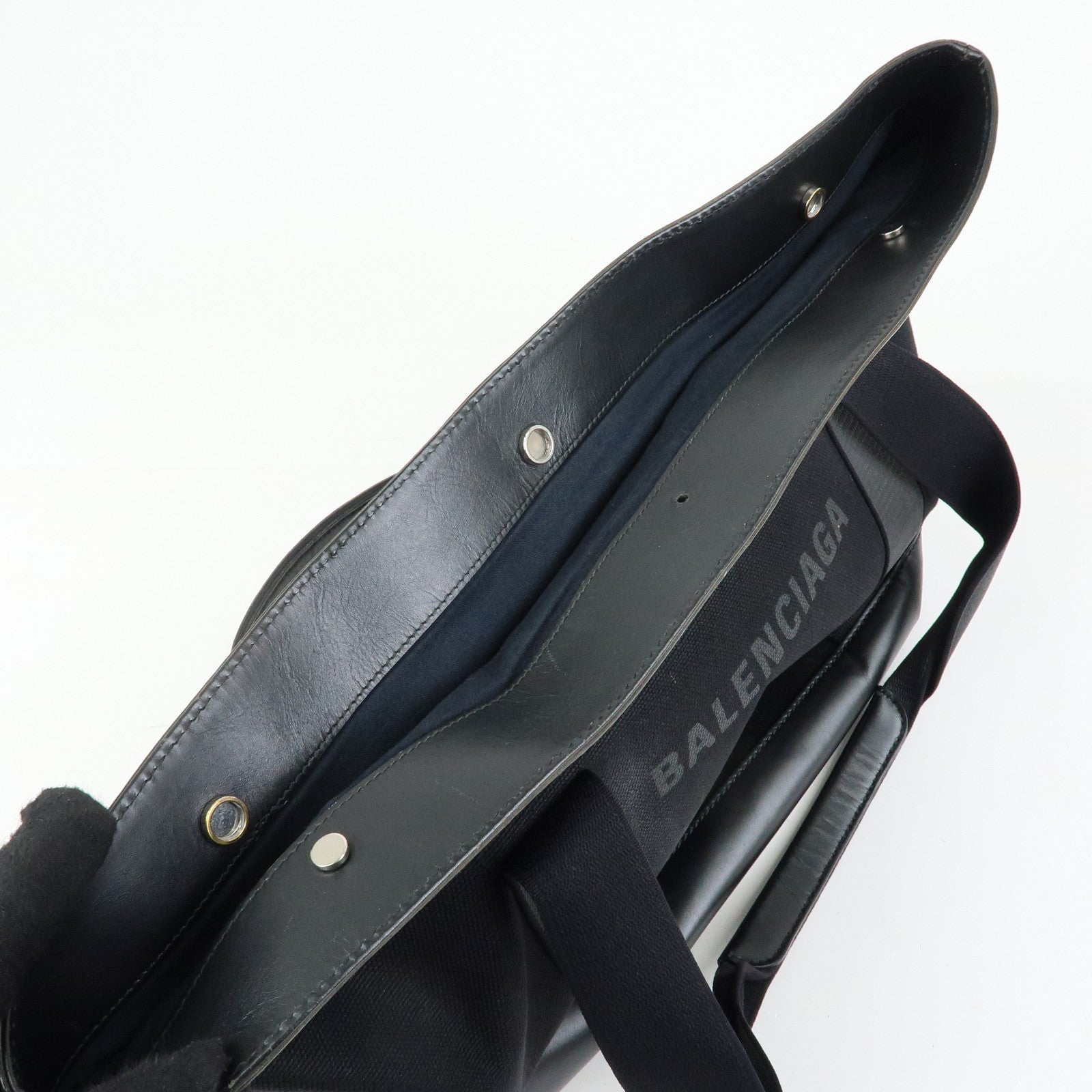 BALENCIAGA Navy Tote Canvas Leather Tote Bag Hand Bag Black 374767