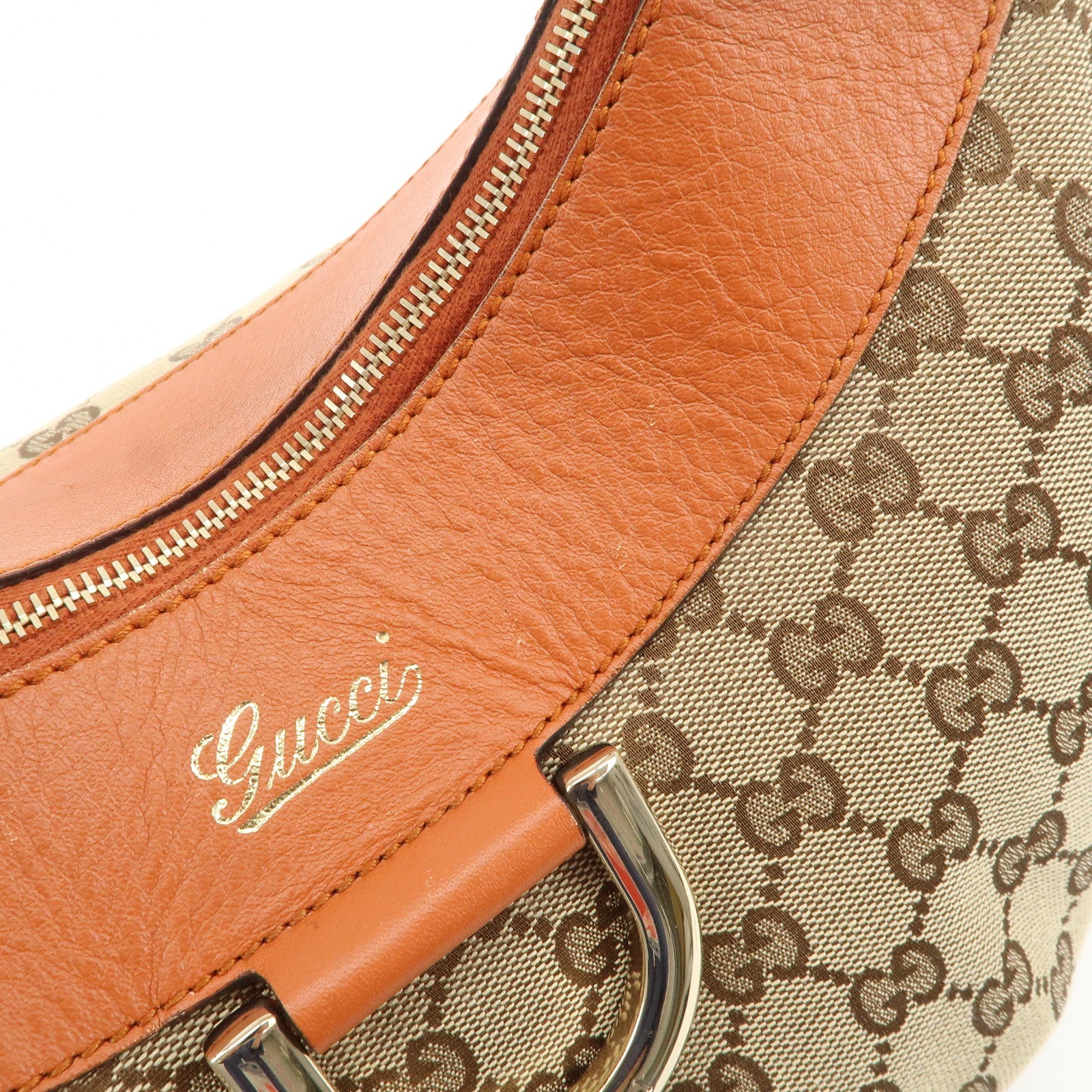 GUCCI Abbey Leather GG Canvas Shoulder Hand Bag Beige Orange 139260 Used