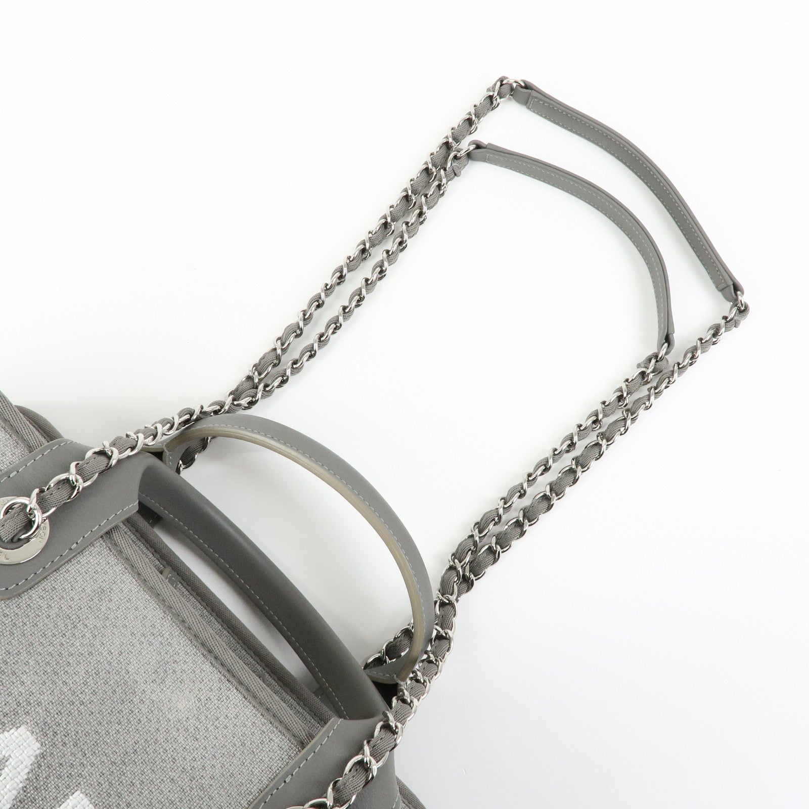 CHANEL Deauville Canvas Leather 2Way Boston Chain Shoulder Bag Gray