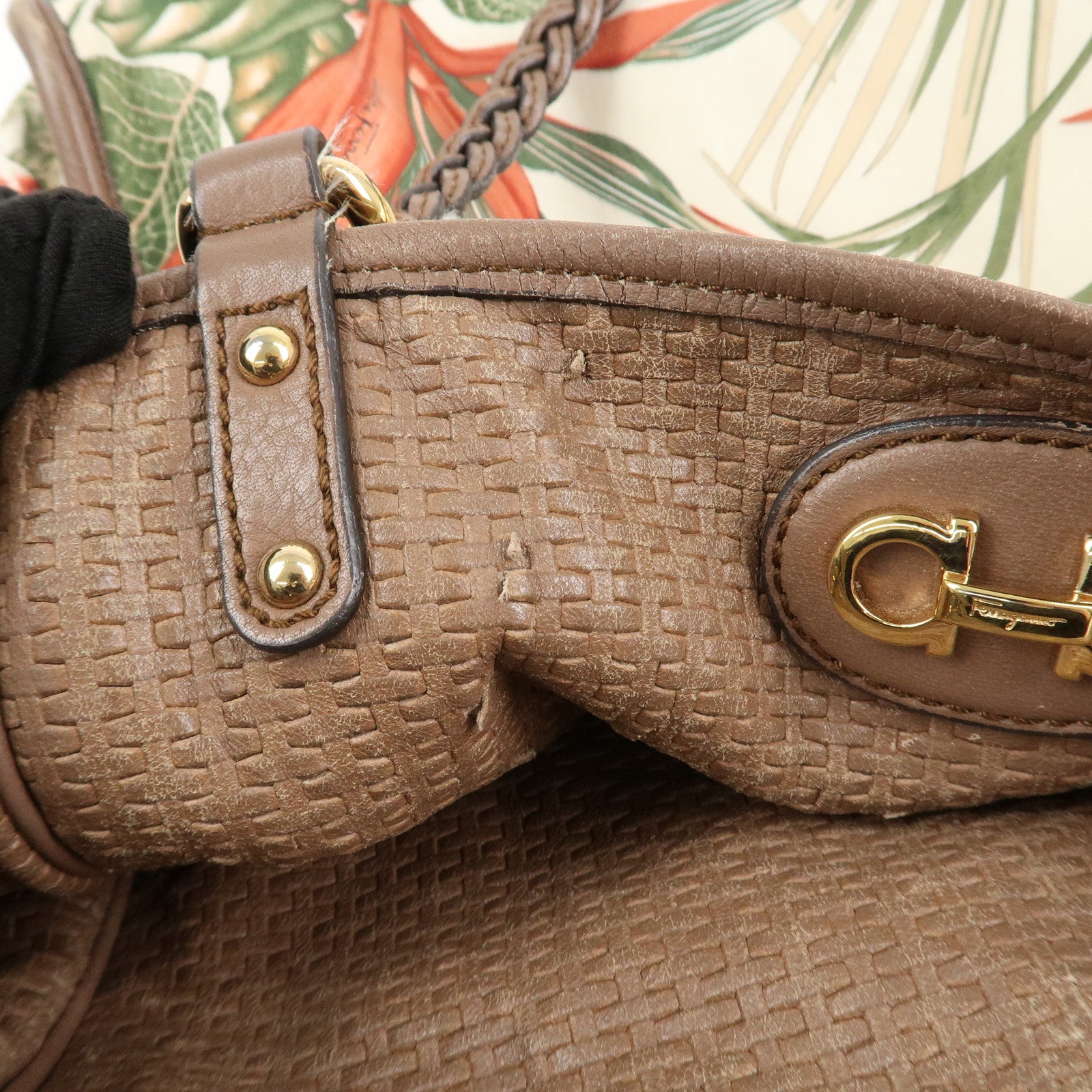 Ferragamo Gancini Leather Nylon Tote Bag Ivory Multicolor