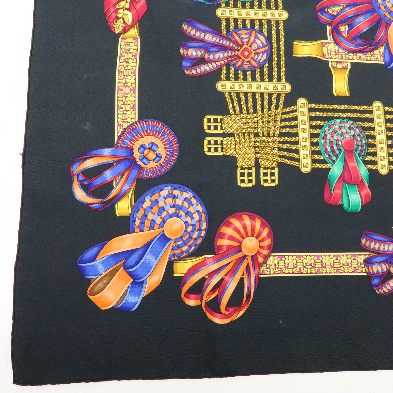 HERMES Carre 90 Silk 100% Scarf LES RUBANS DU CHEVAL Black