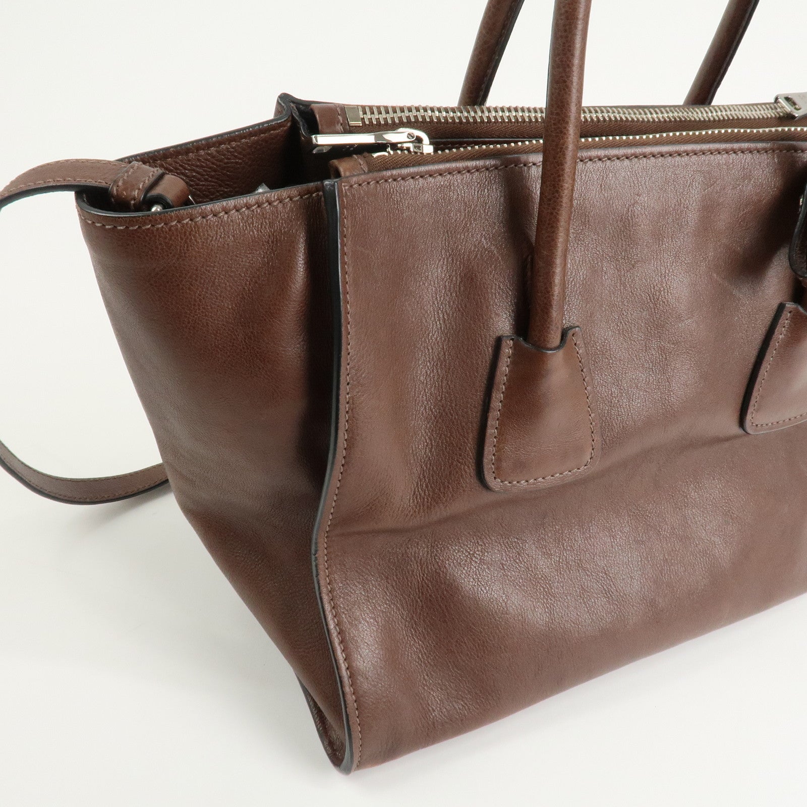 PRADA Triangle Logo Leather 2way Hand Bag Shoulder Bag Brown BN2619 Used