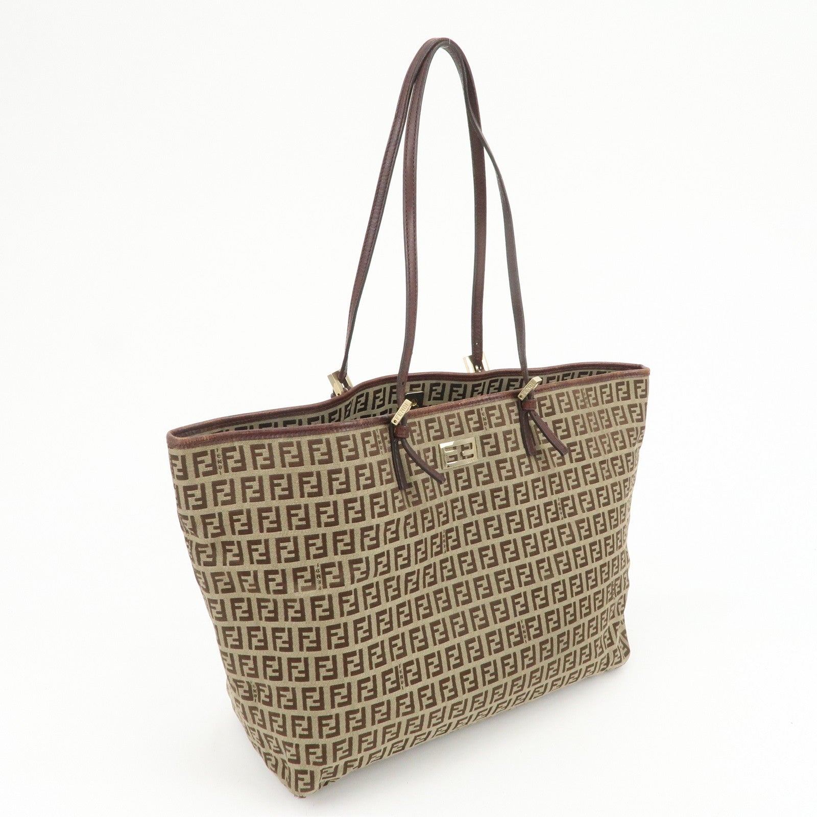 FENDI Zucchino Canvas Leather Tote Shoulder Bag Beige Brown 8BH127