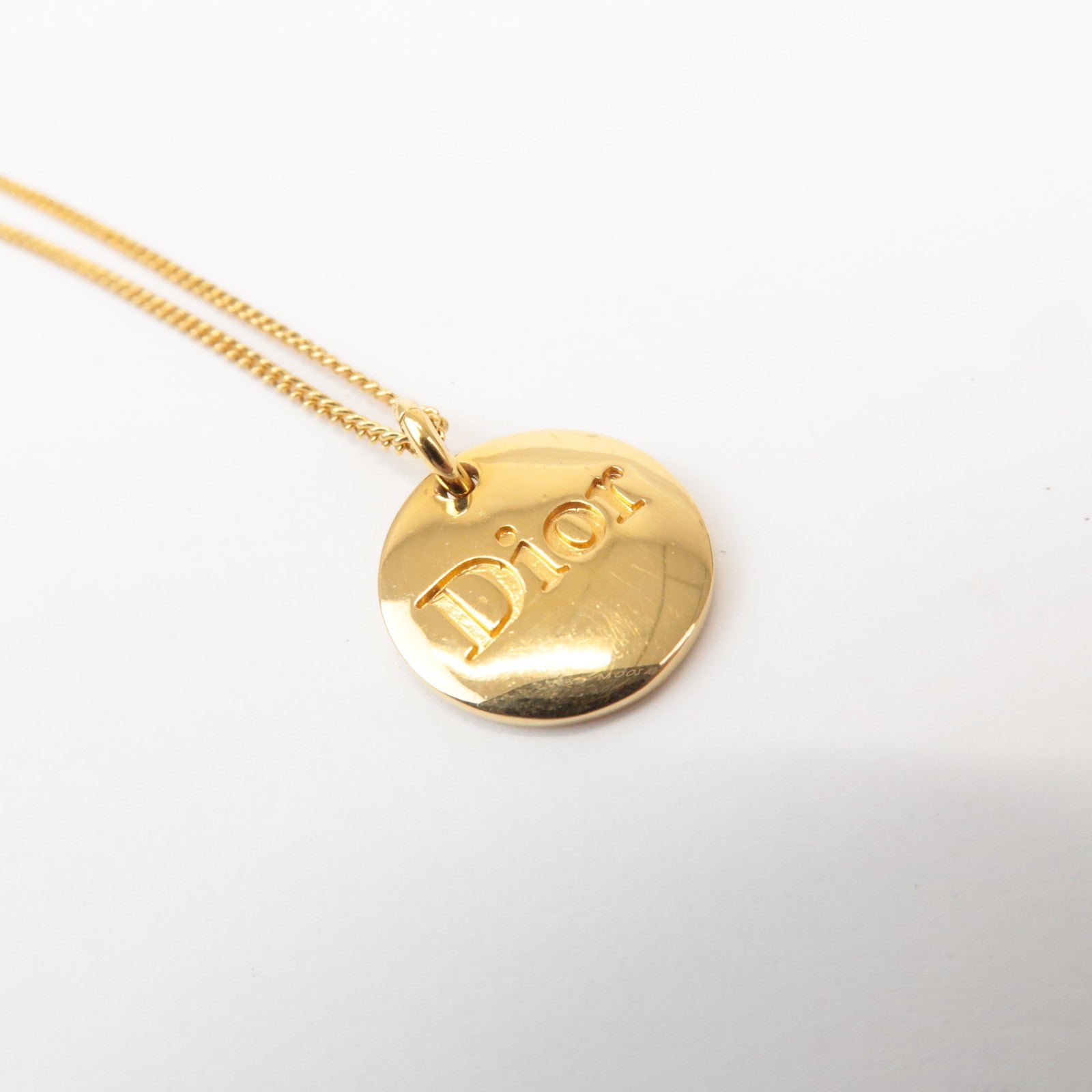 Christian Dior Metal Circle Plate Logo Necklace Gold