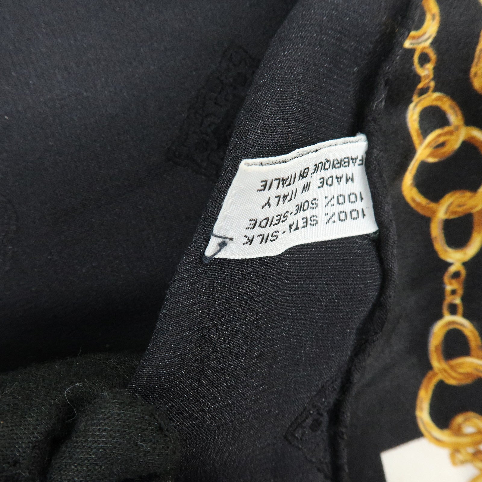 CHANEL Silk 100% Scarf Gold Chain Motif Black White
