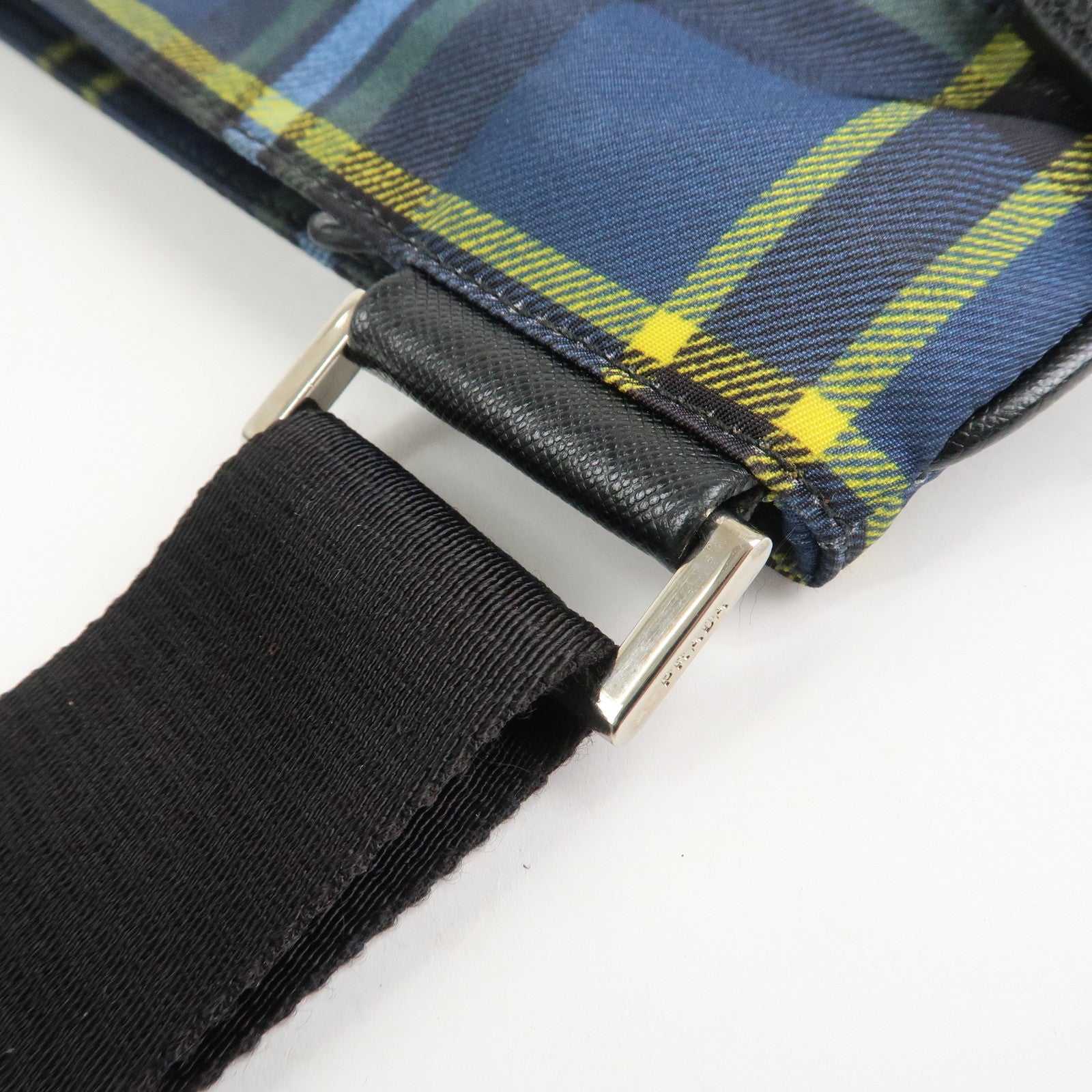 PRADA Triangle Logo Nylon Plaid Shoulder Bag Navy Multicolor VA053M Used