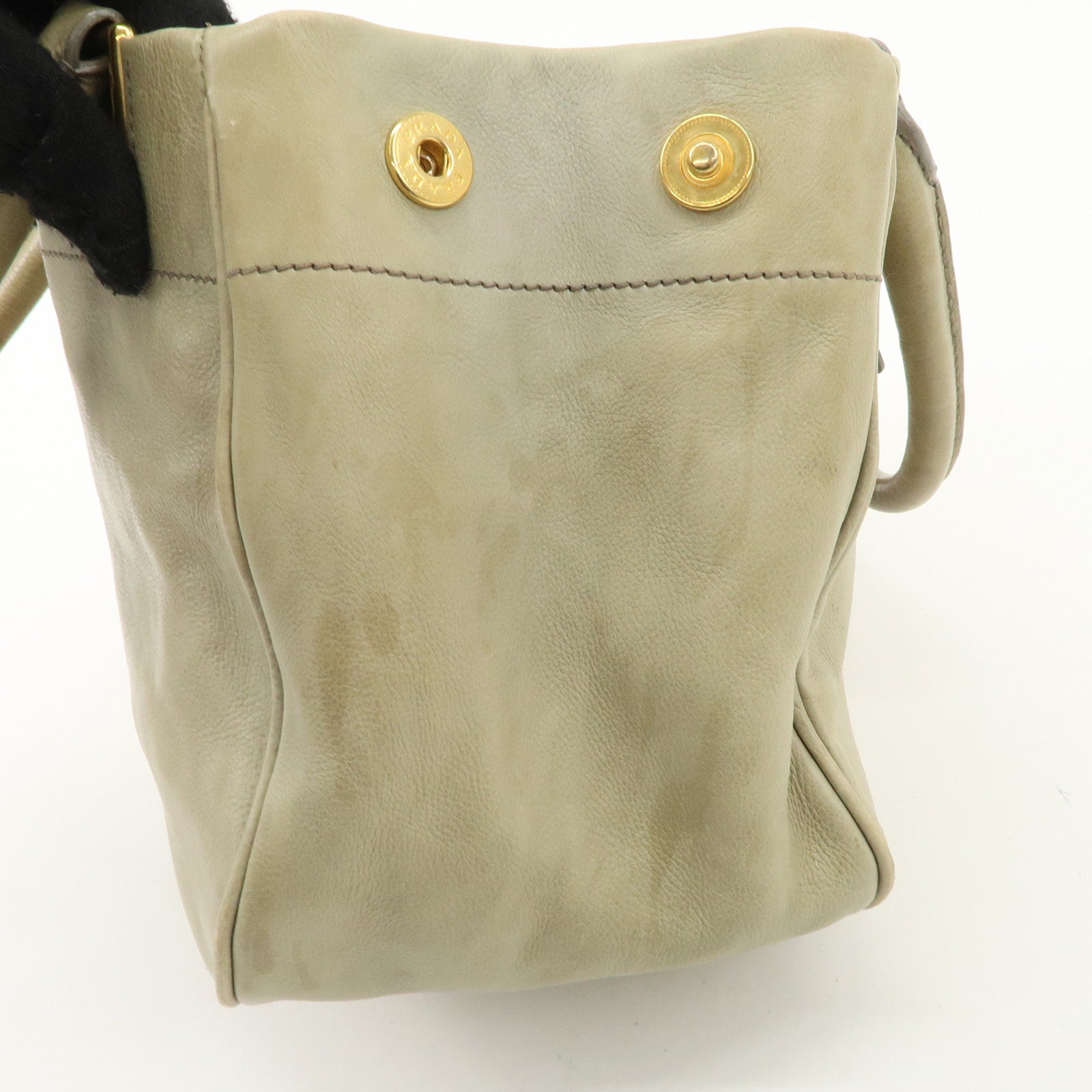 PRADA Logo Ribon Leather 2WAY Tote Bag Hand Bag Beige Gold HDW BN2245 Used