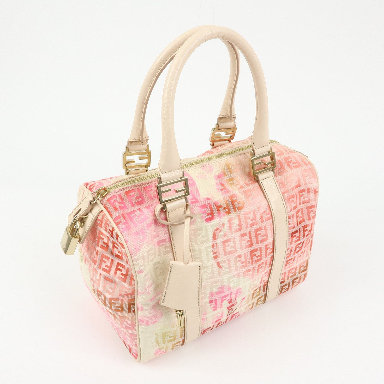 FENDI Zucchino Canvas Leather Mini Boston Bag Hand Bag Pink Ivory
