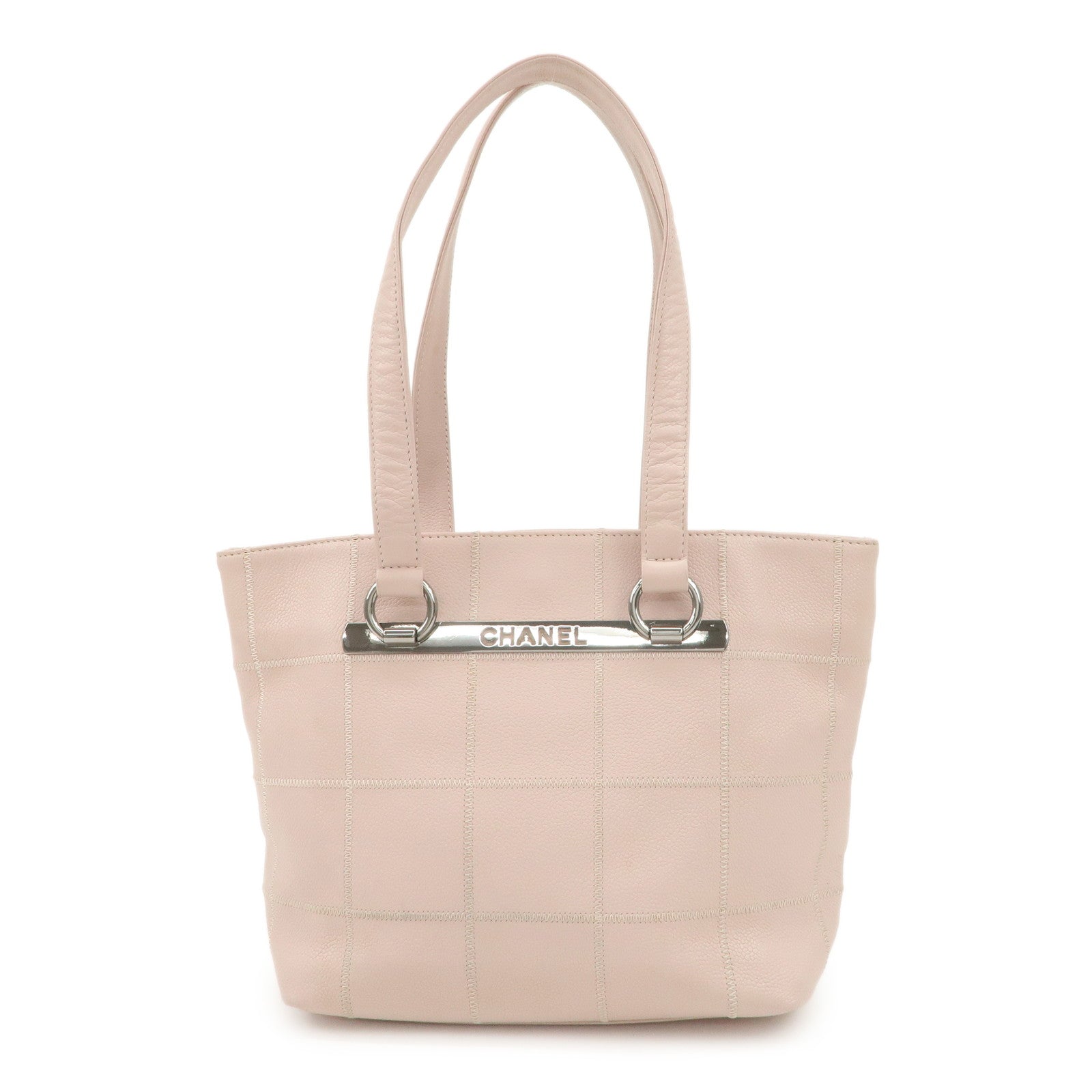 CHANEL Chocolate Bar Caviarskin Tote Bag Hand Bag Pink Silver Used