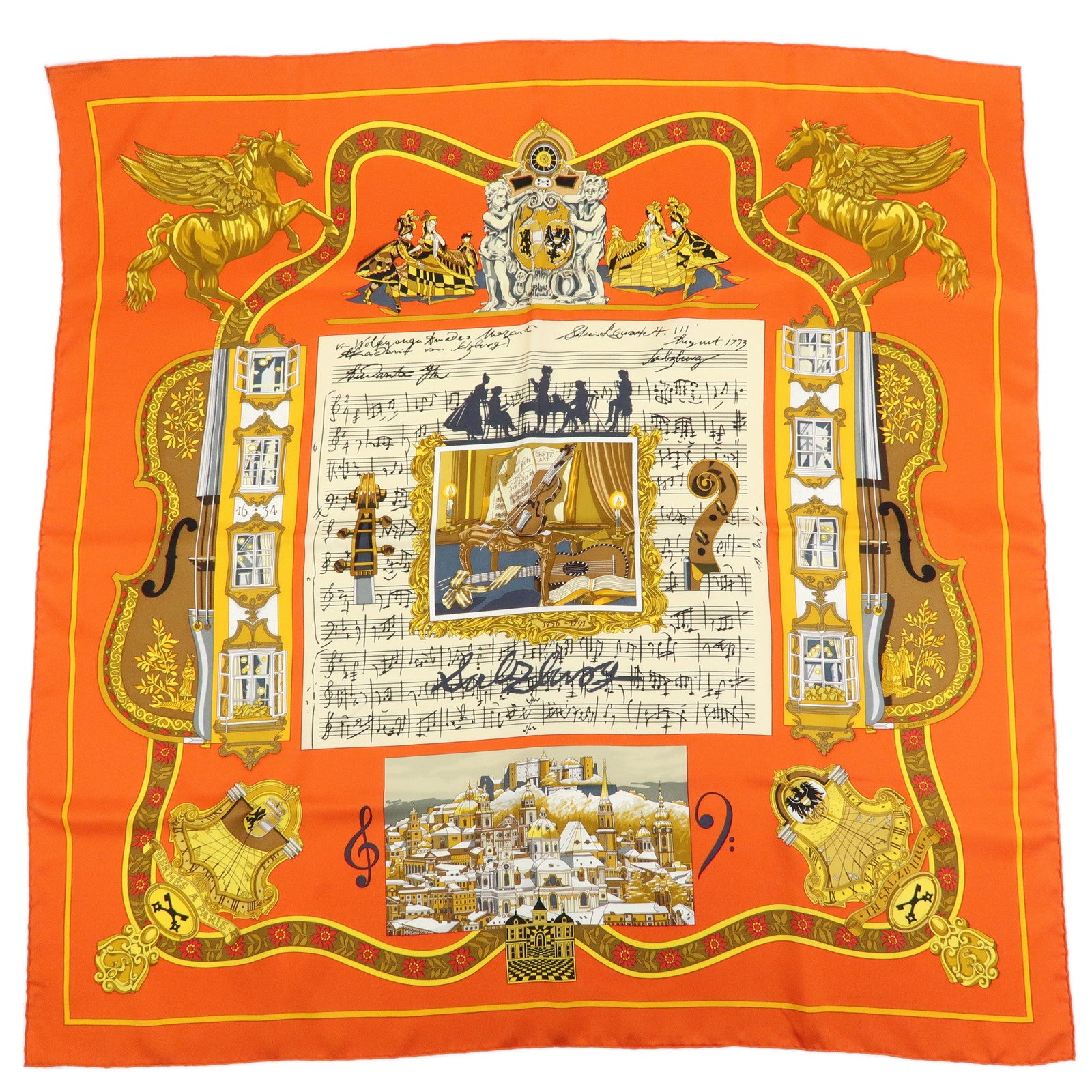 HERMES Carre 90 Silk 100% Scarf IN SALZBURG Orange Gold Brown