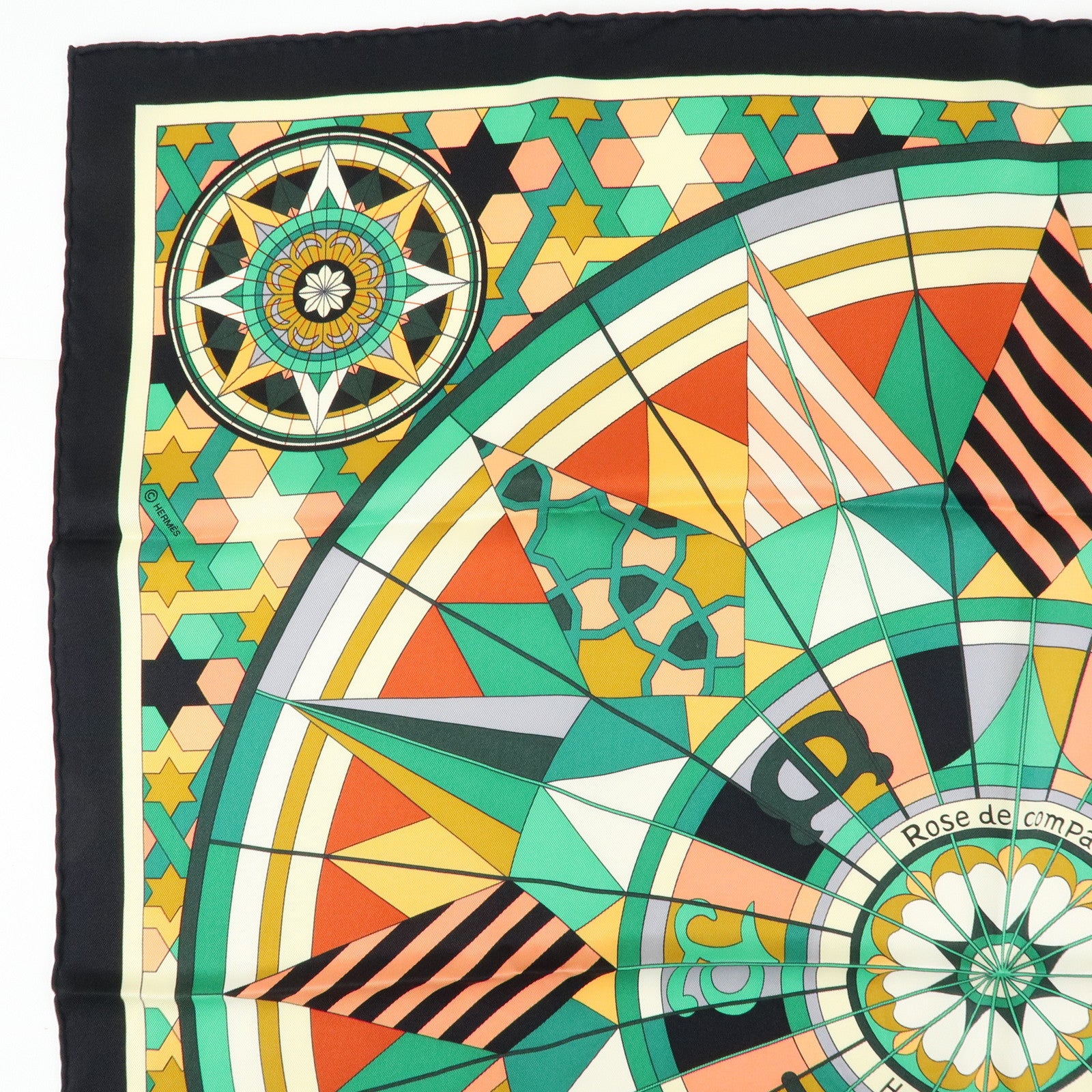HERMES Carre 70 Silk 100% Scarf ROSE DE COMPAS Black Green