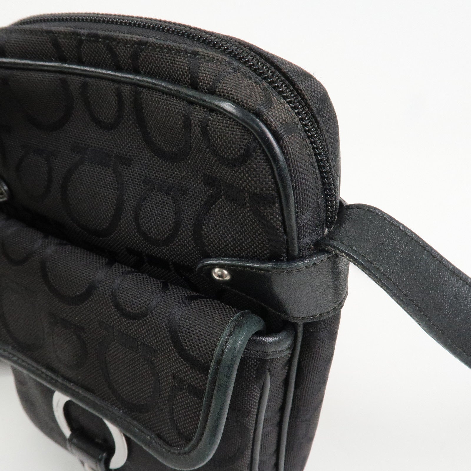 Ferragamo Gancini Logo Canvas Leather Crossbody Shoulder Bag Black