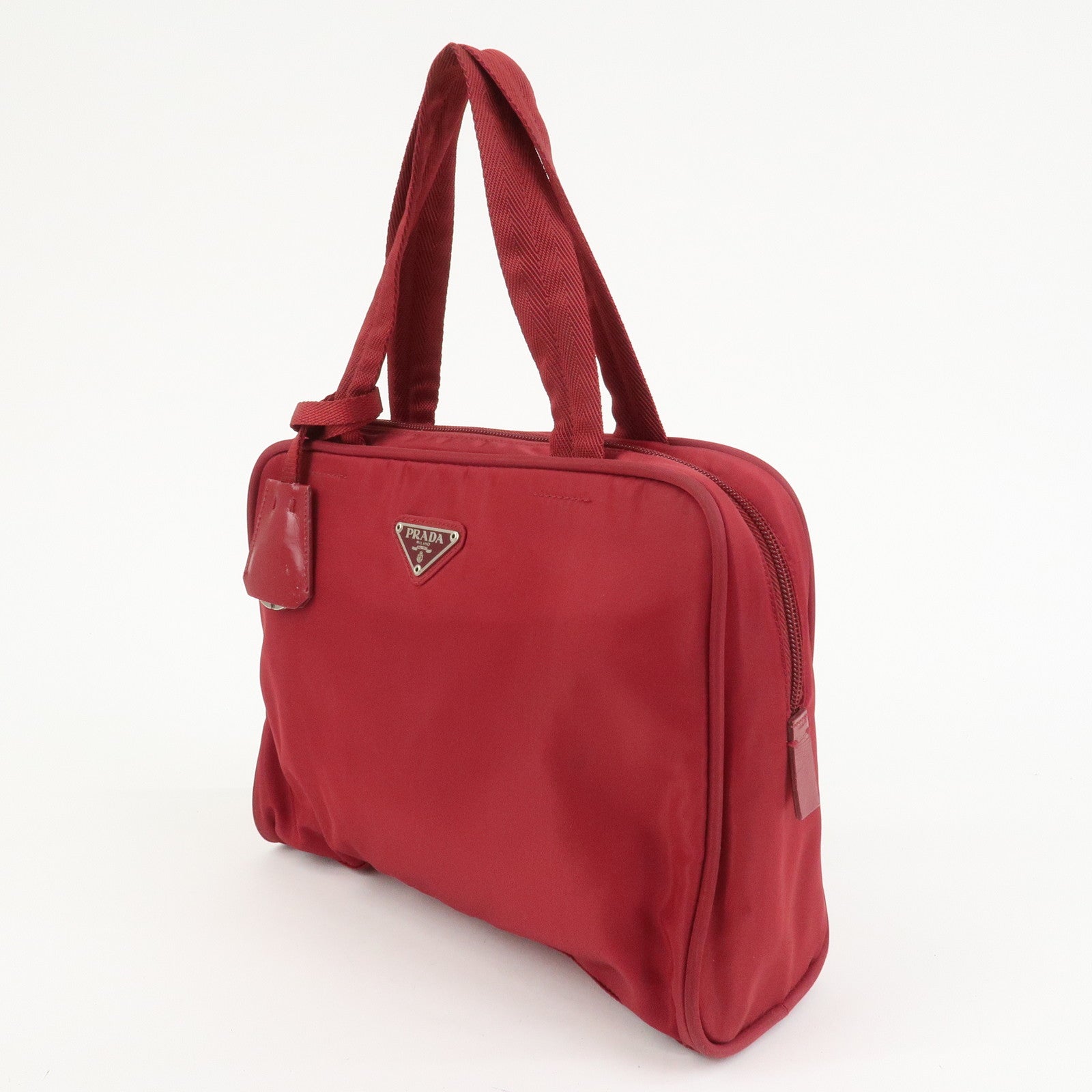 PRADA Triangle Logo Nylon Leather Hand Bag Wine Red B8495