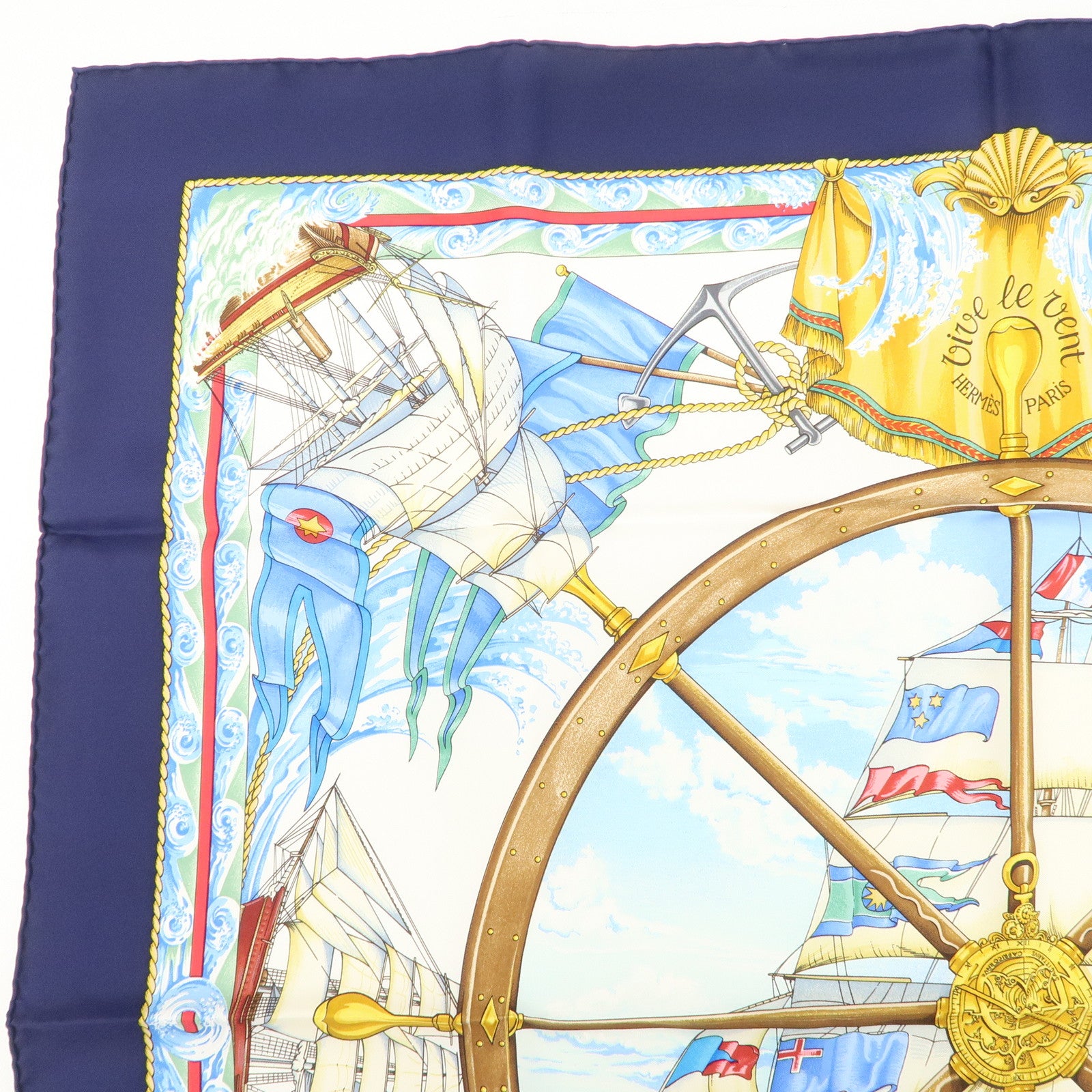 HERMES Carre 90 Silk 100% Scarf Vive Le Vent Blue Navy White Used