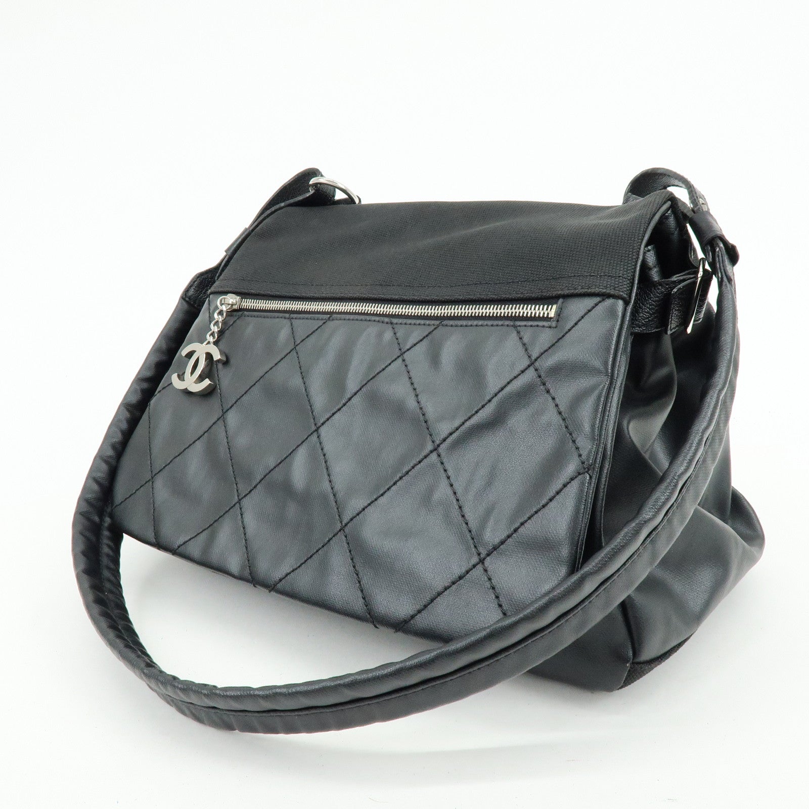 CHANEL Paris Biarritz PVC Coated Canvas Leather Shoulder Bag Black