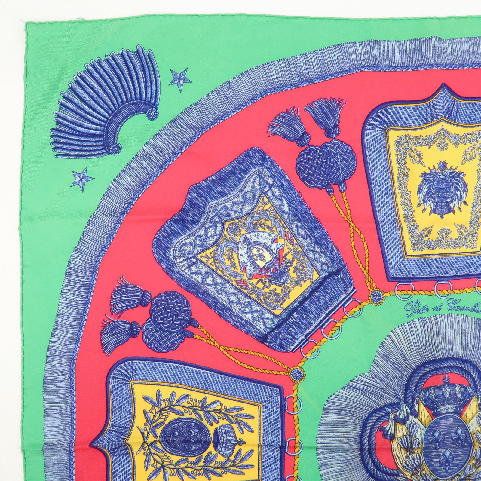 HERMES Carre 90 Silk 100% Scarf Poste et Cavalerie Green Red Blue