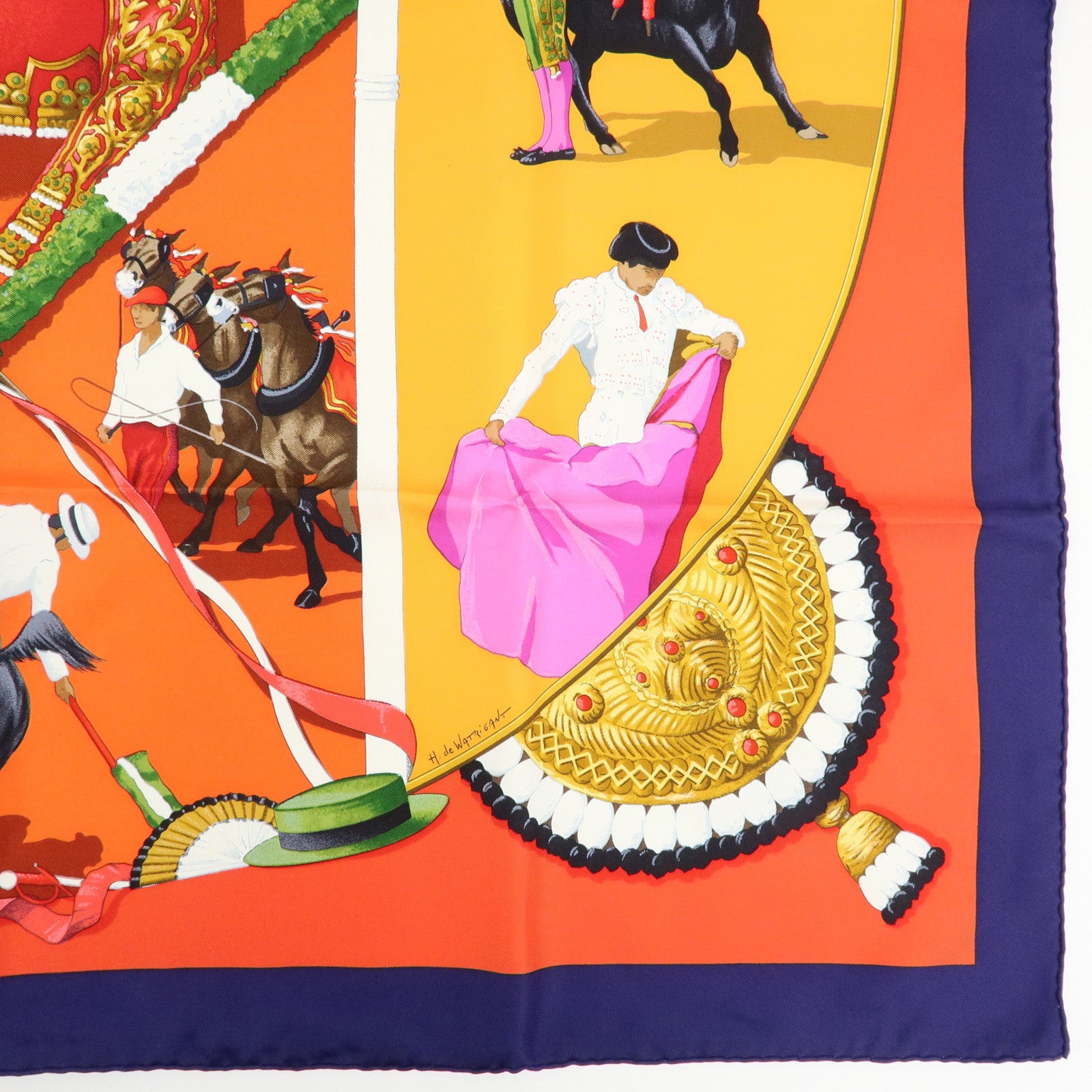HERMES Carre 90 Silk 100% Scarf Plaza de Toros Bullring Red Navy