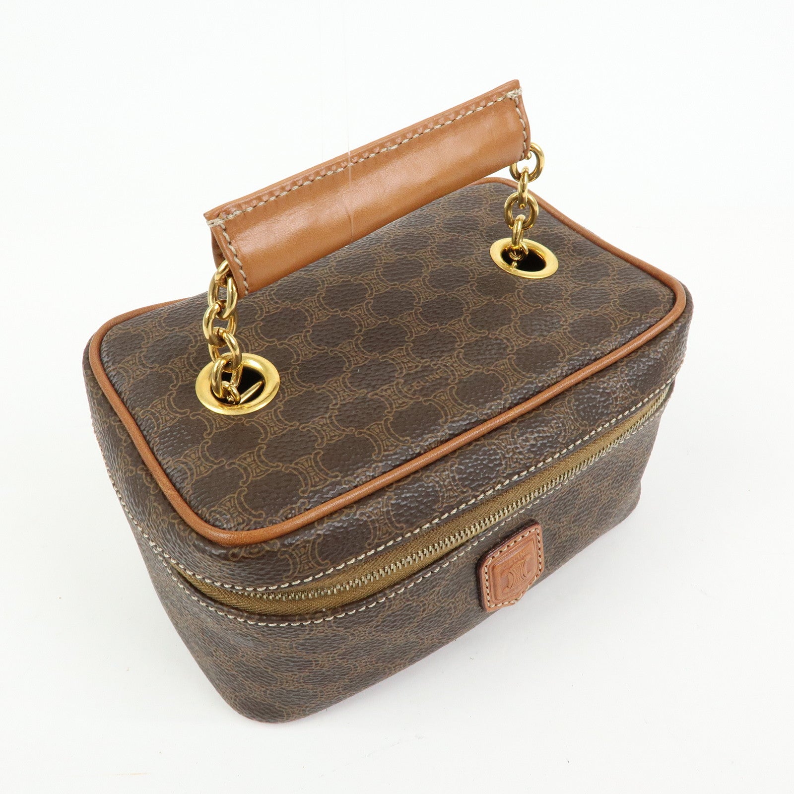 CELINE Macadam PVC Leather Chain Mini Hand Bag Vanity Bag Brown