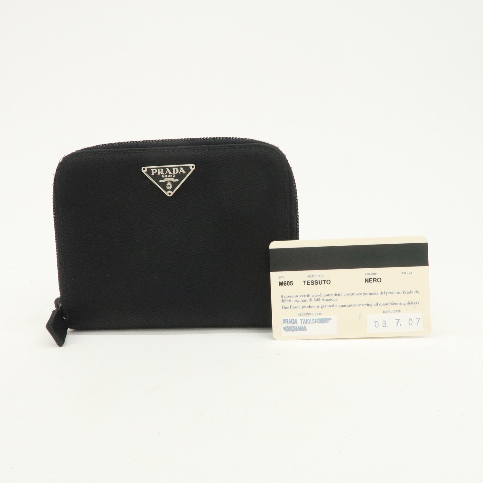 PRADA Tessuto Nylon Bi-fold Round Zippy Compact Wallet Black M605