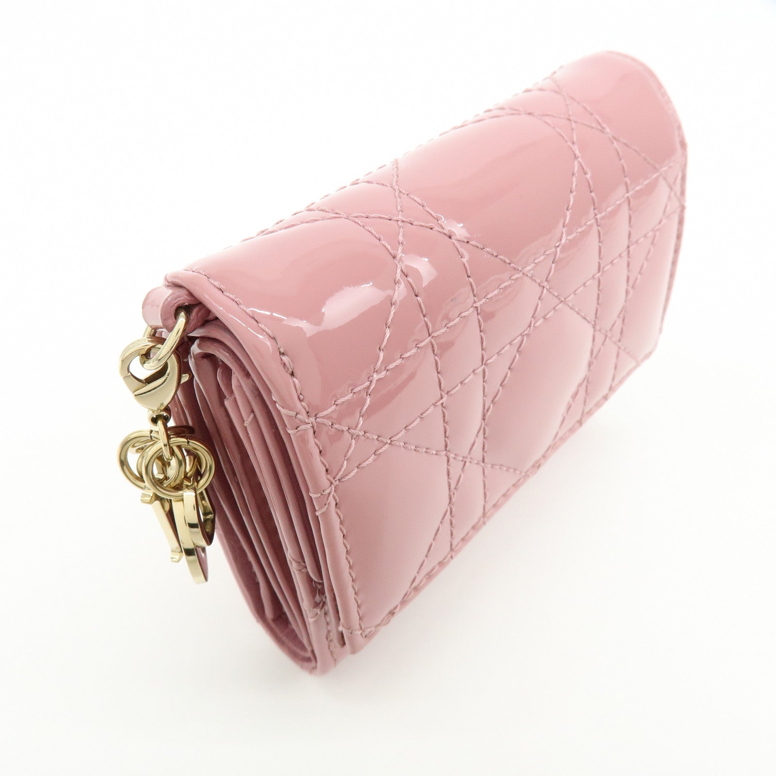 Christian Dior Cannage Patent Leather Bi-fold Compact Wallet Pink