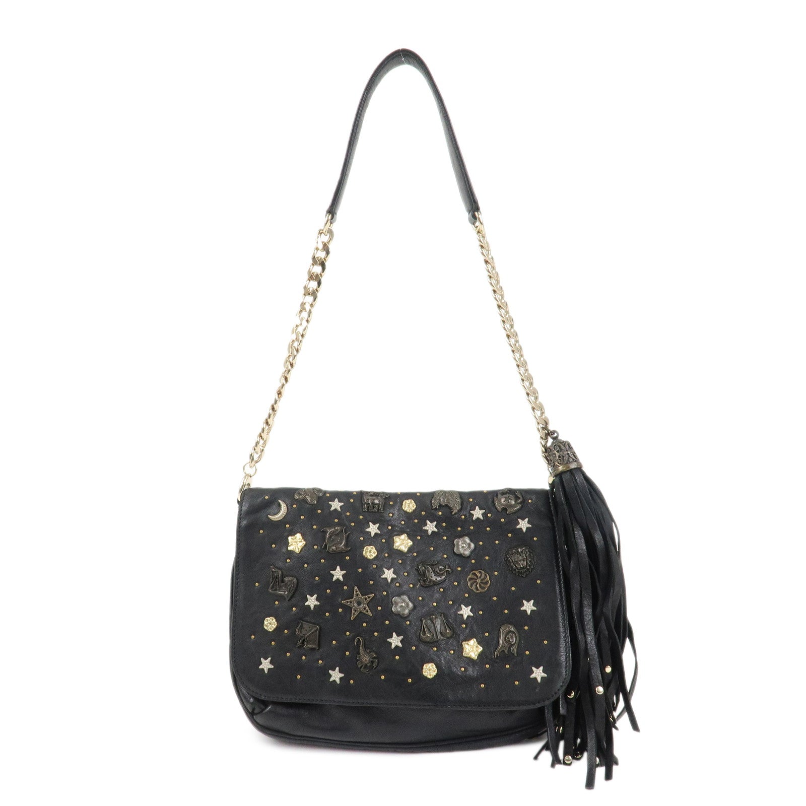 JIMMY CHOO Zodiac Leather Studs Shoulder Bag Black Gold HDW Used