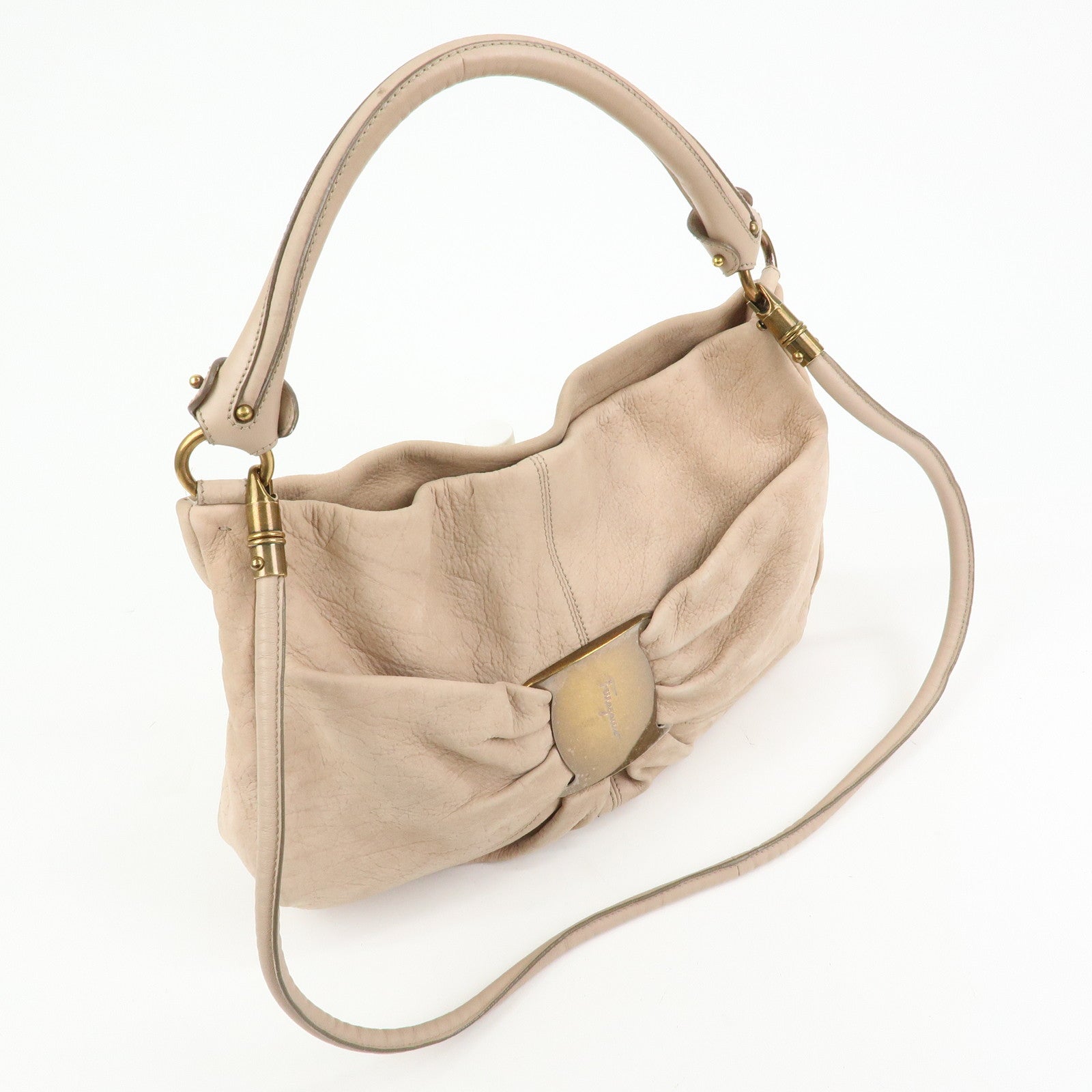 Ferragamo Vara Ribbon Leather 2Way Hand Bag Shoulder Bag Pink Beige