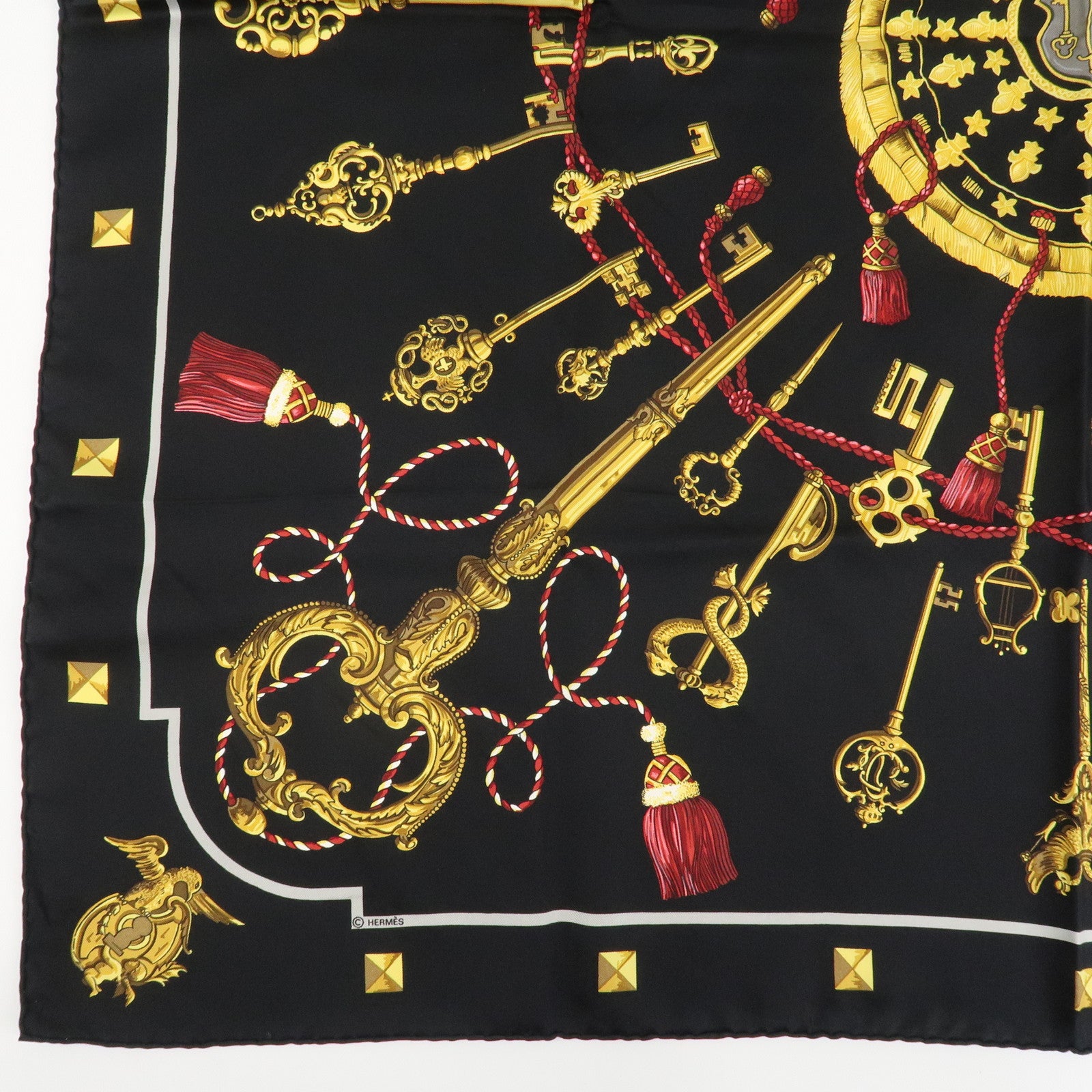 HERMES Carre 90 Silk 100% Scarf LES CLES THE KEYS RARE Black Gold Used
