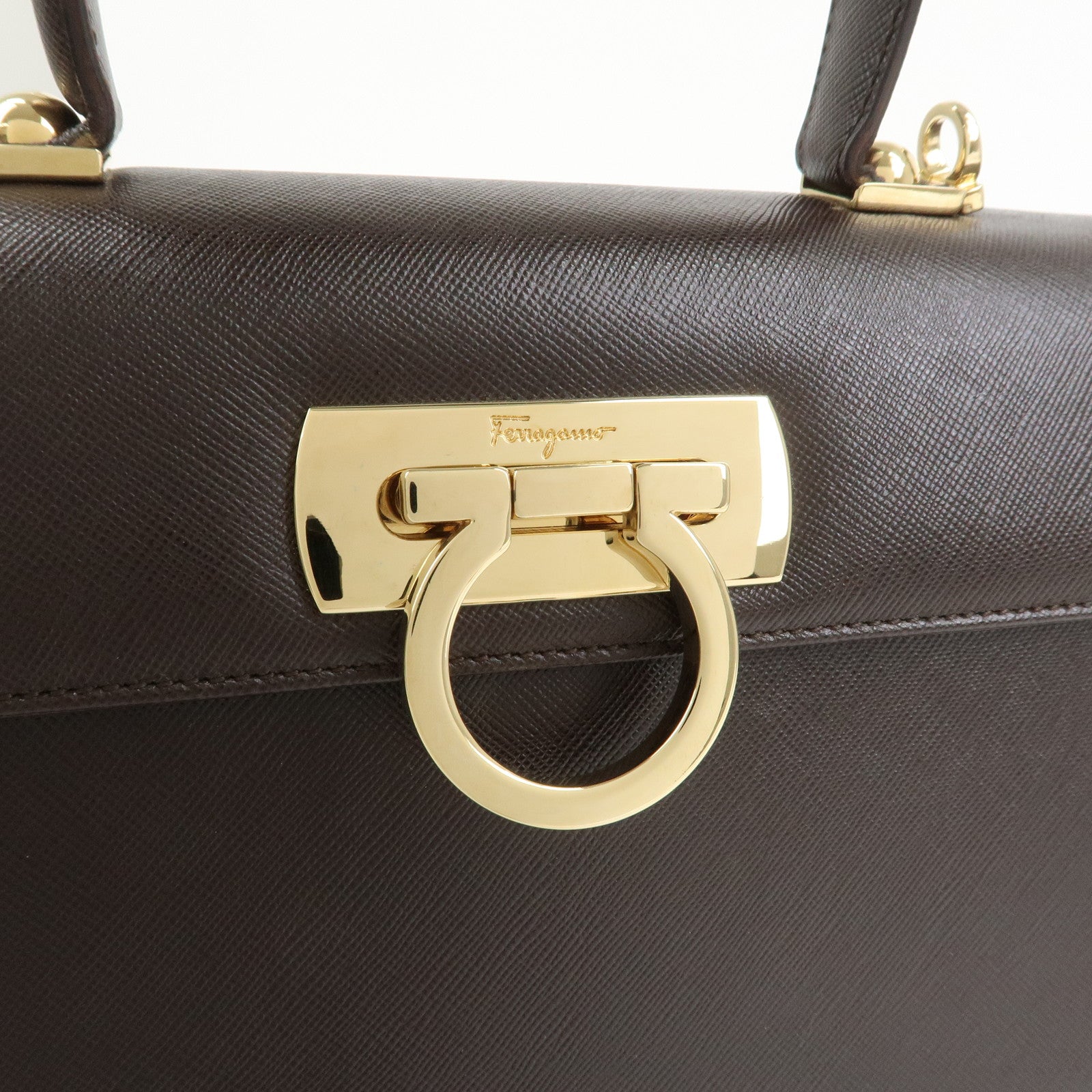 Ferragamo Gancini Leather 2Way Bag Hand Bag Shoulder Bag Dark Brown