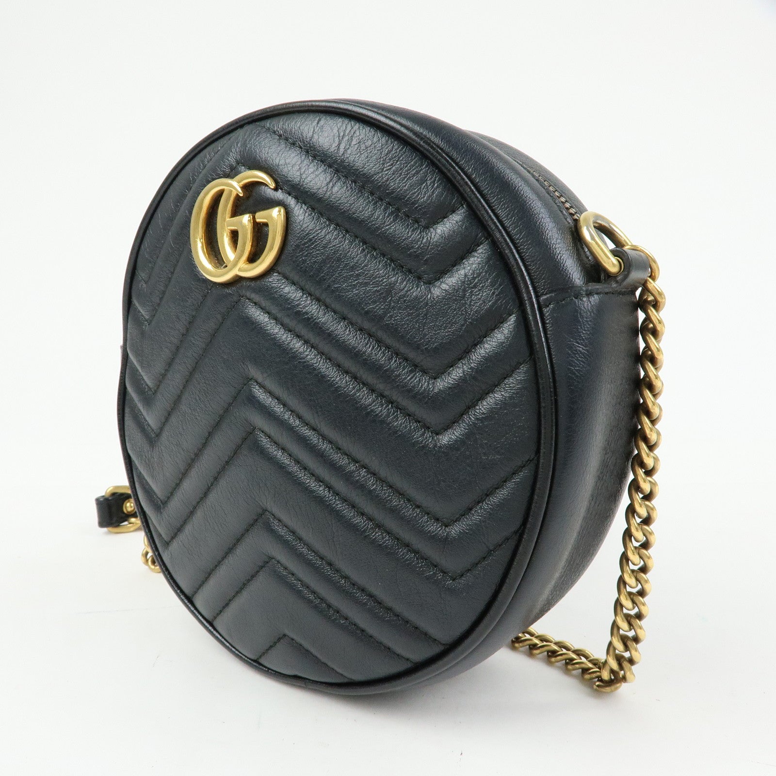 GUCCI GG Marmont Leather Chain Shoulder Round Bag Black 550154