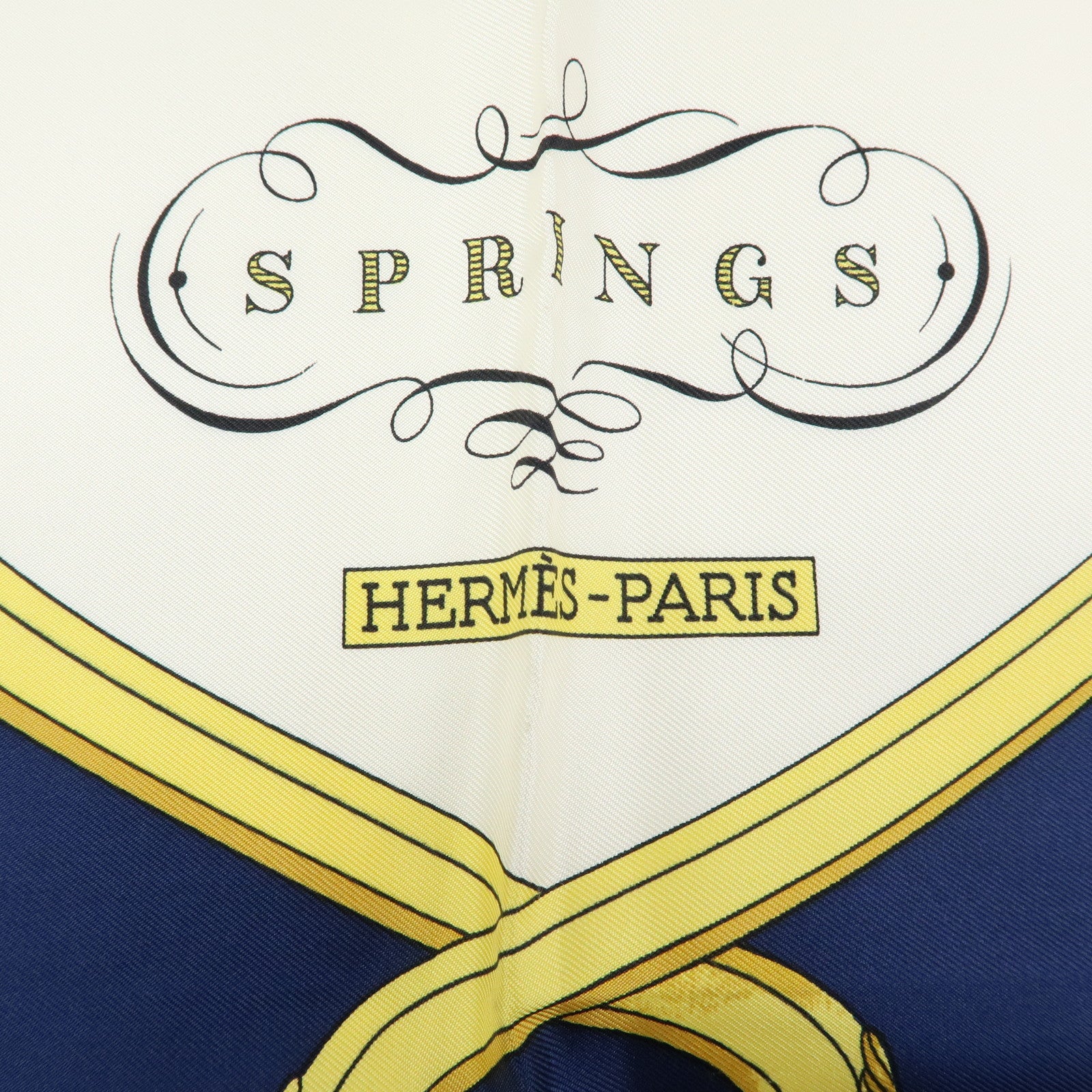 HERMES Carre 90 Silk 100% Scarf SPRINGS Navy Yellow White