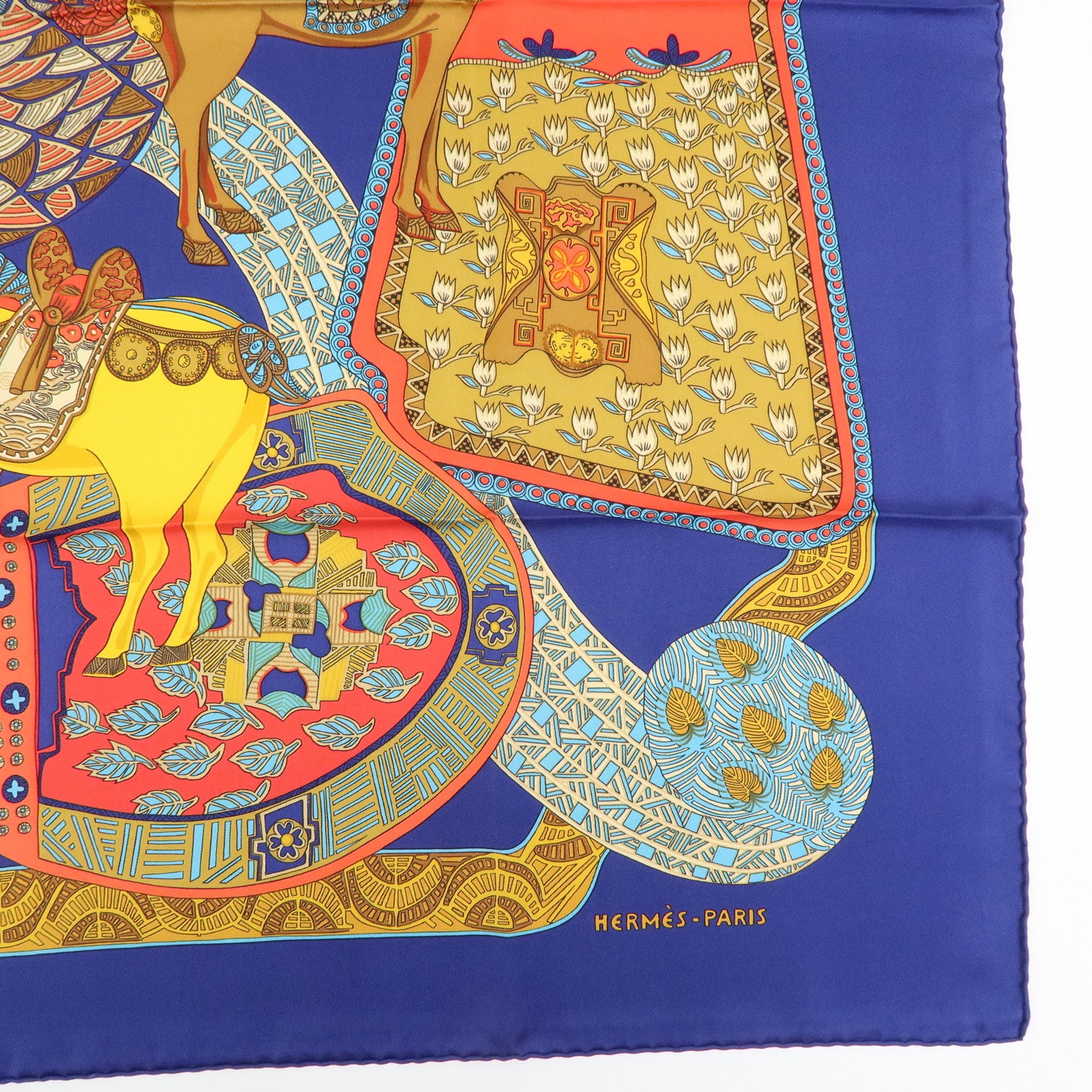 HERMES Carre 90 Silk 100% Scarf ART des STEPPES Horse Print Navy